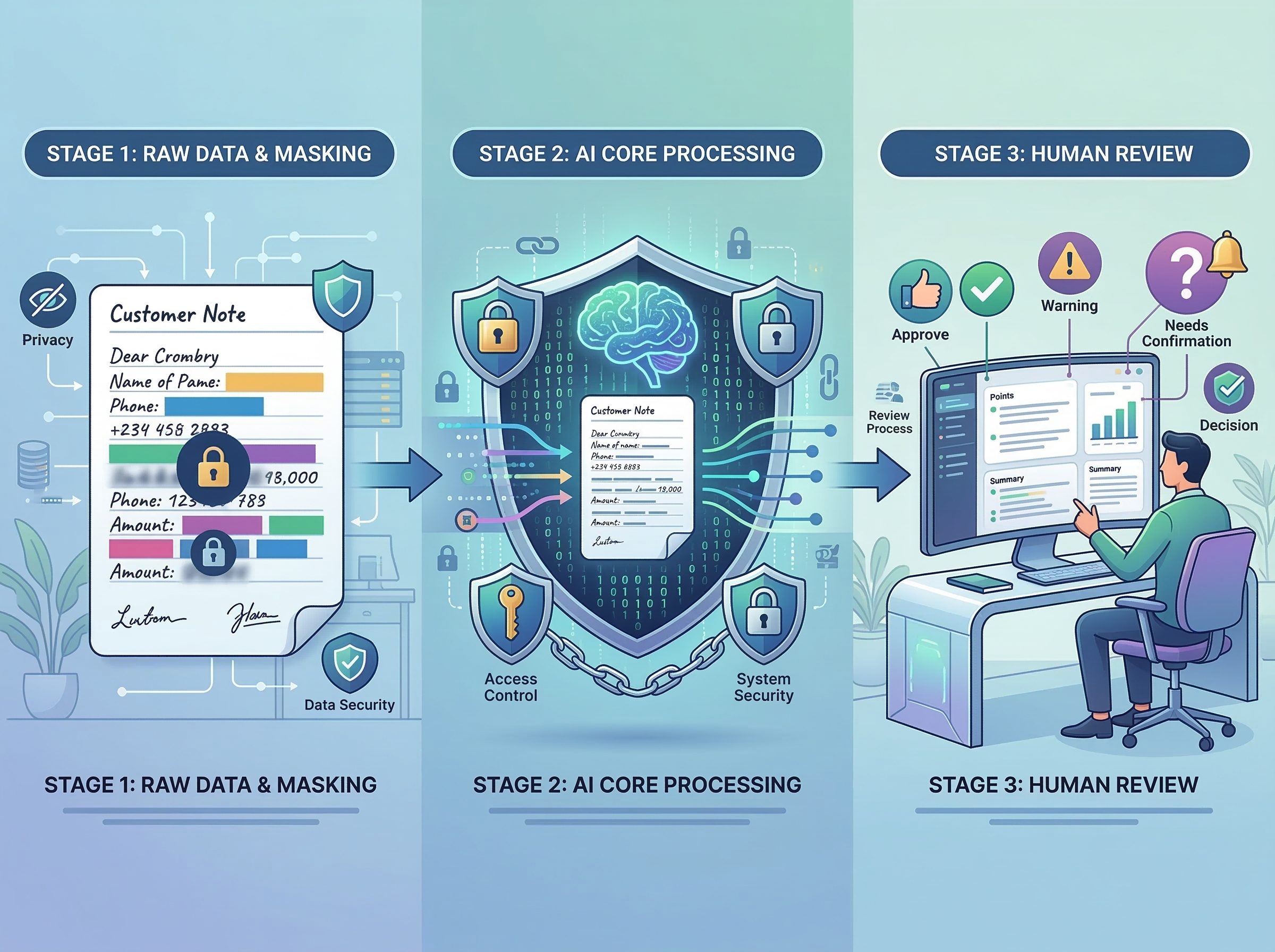 個人情報をマスキングし人が確認しながらAIで顧客メモを整形するガードレールのイメージ