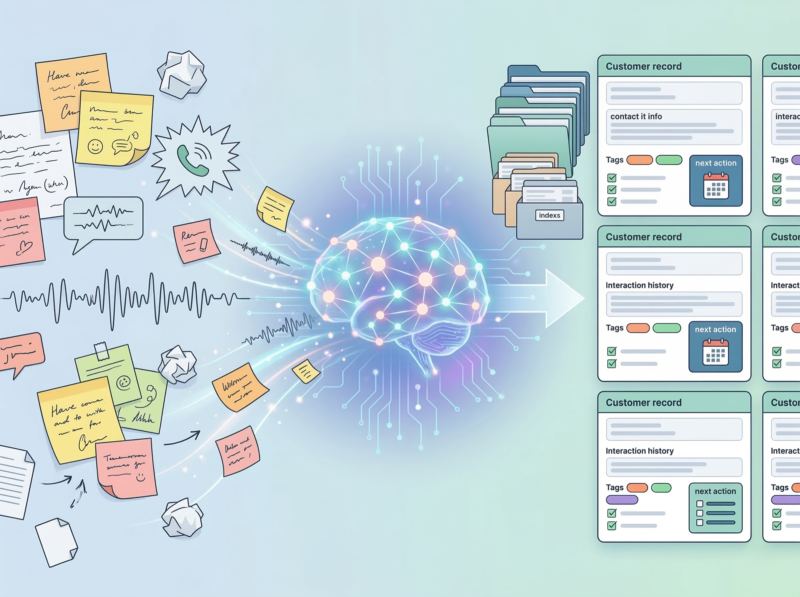 電話や面談の内容をAIが整理し検索しやすい顧客対応メモに変換するイメージ