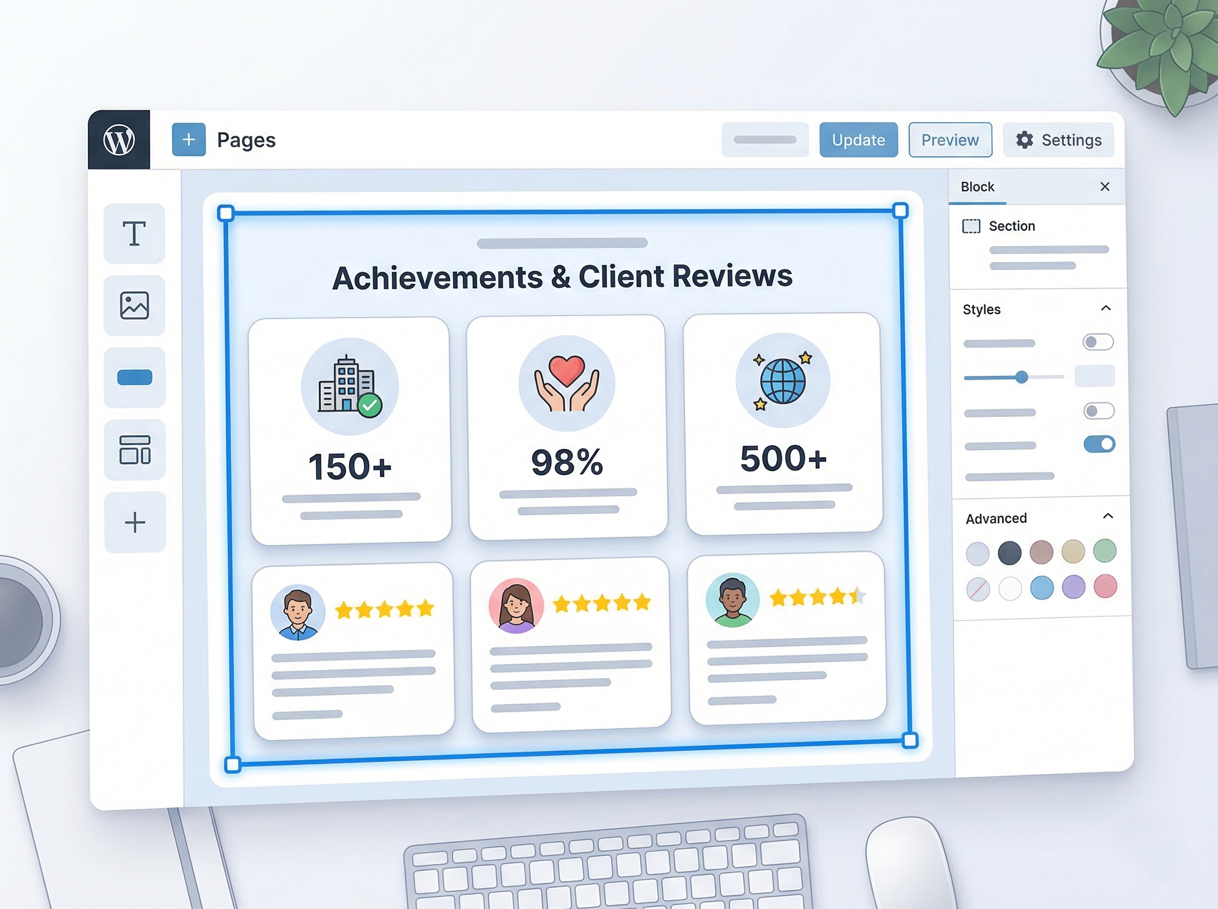 WordPressで実績や口コミセクションを配置しているUIイメージ