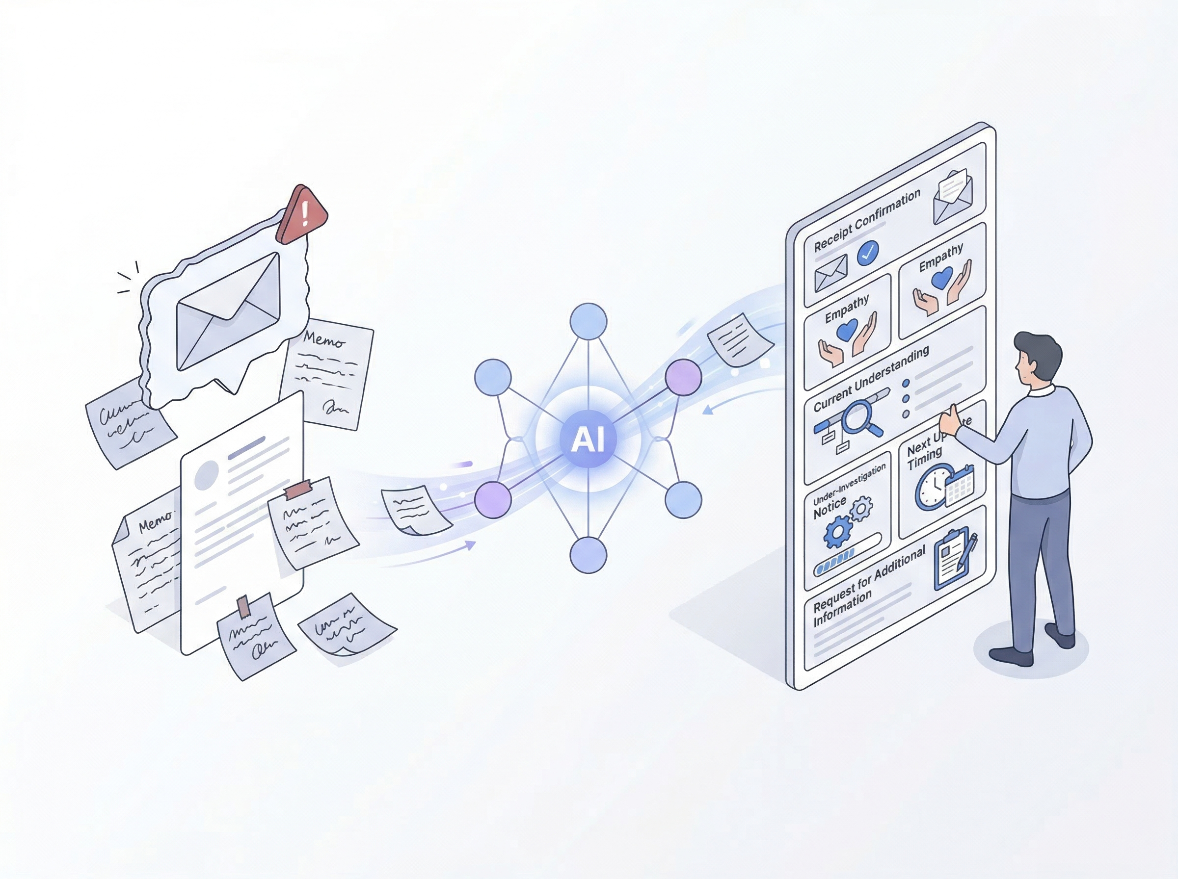 受領確認や配慮や確認中の案内など一次返信の基本構成をAIが整理するイメージ
