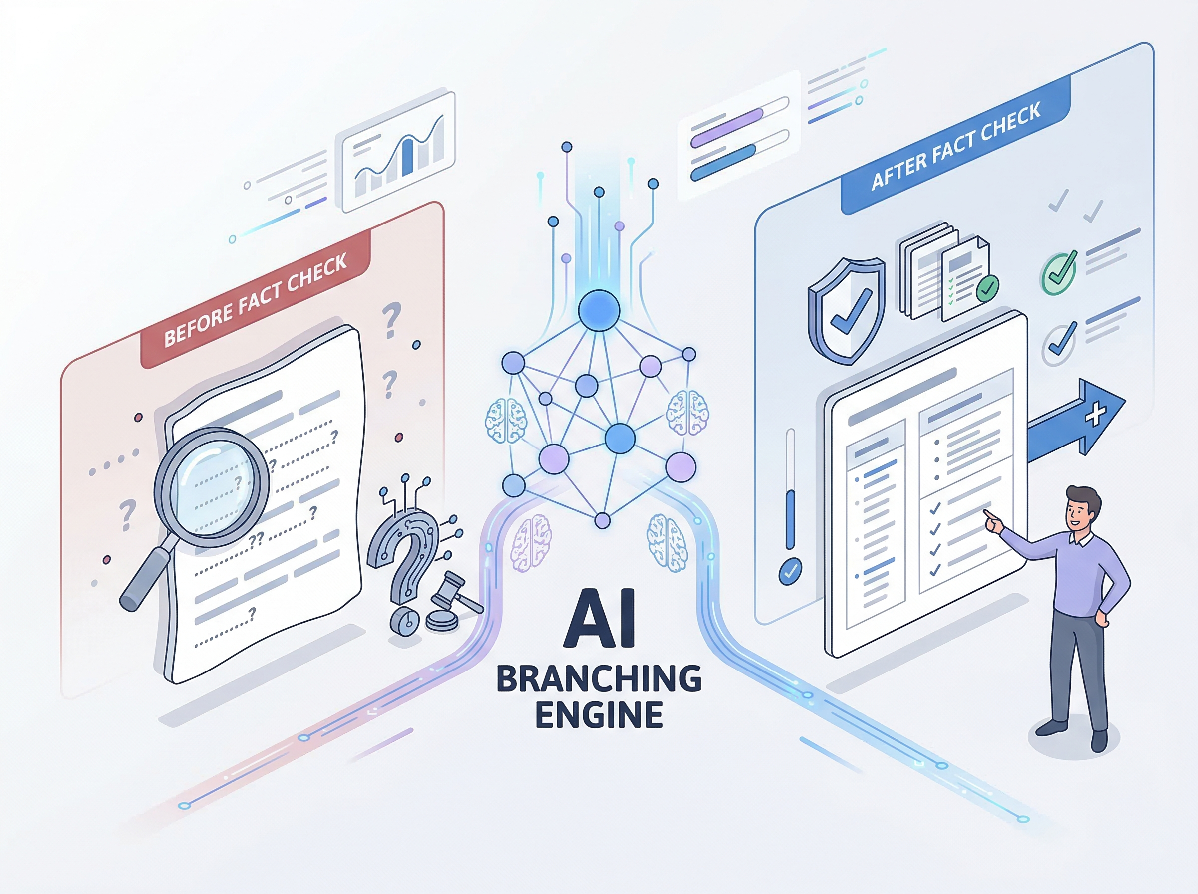 事実確認前と確認後で返信文の内容が分岐する様子をAIが支援するイメージ