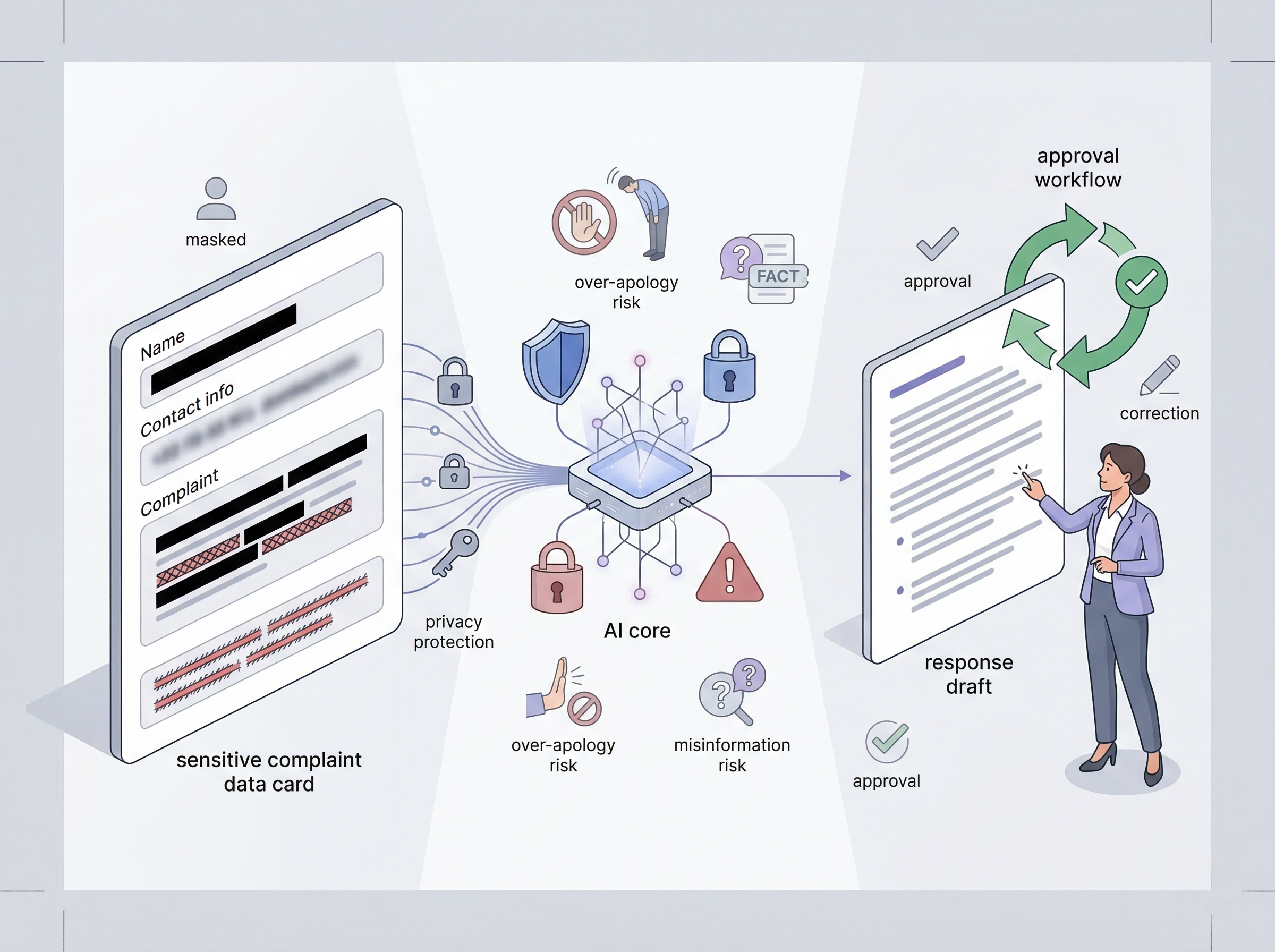 過剰謝罪や誤認や情報漏えいを防ぐためにAI下書きを人が確認するガードレールのイメージ