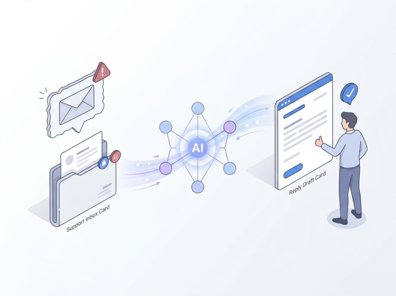 クレーム対応の一次返信文案をAIが整え人が確認して送信するイメージ