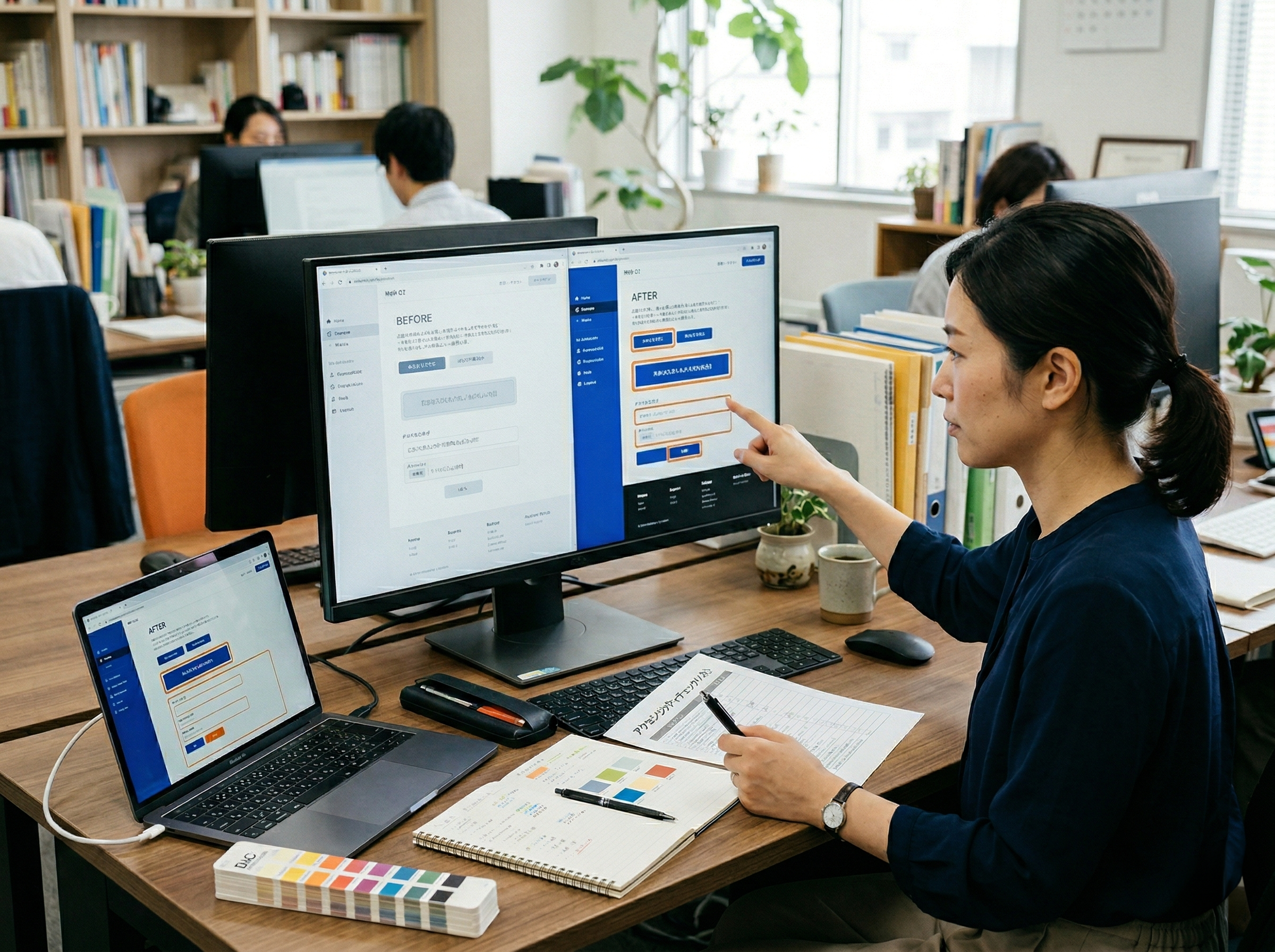 色の見え方やフォーカス表示を比較しながら修正箇所を確認する担当者