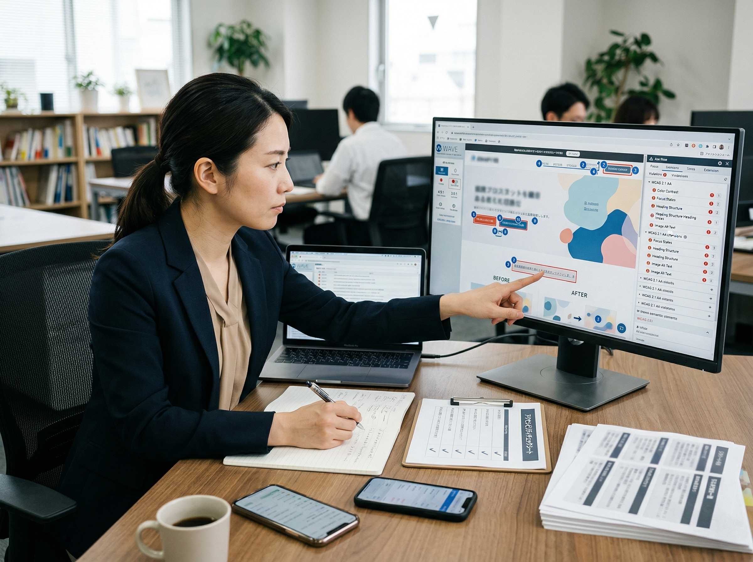 ブラウザやチェックツールを使ってアクセシビリティ上の問題箇所を洗い出す作業風景
