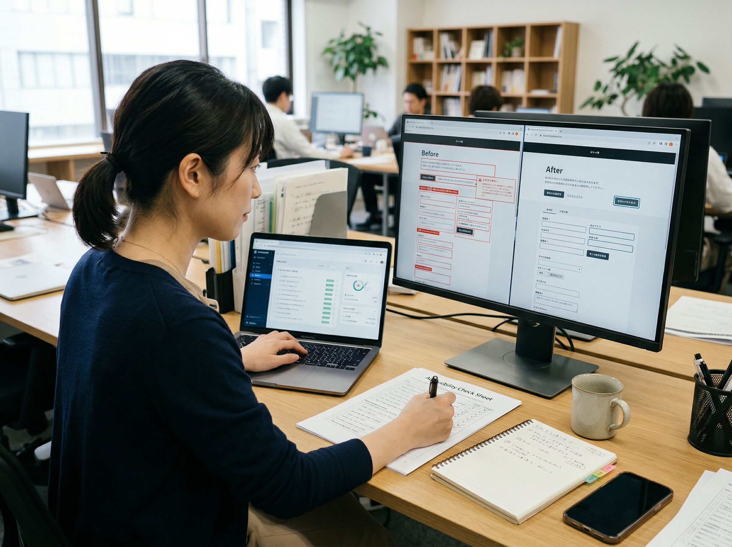 修正後の画面を確認しながらチェック記録と依頼内容を整理する担当者