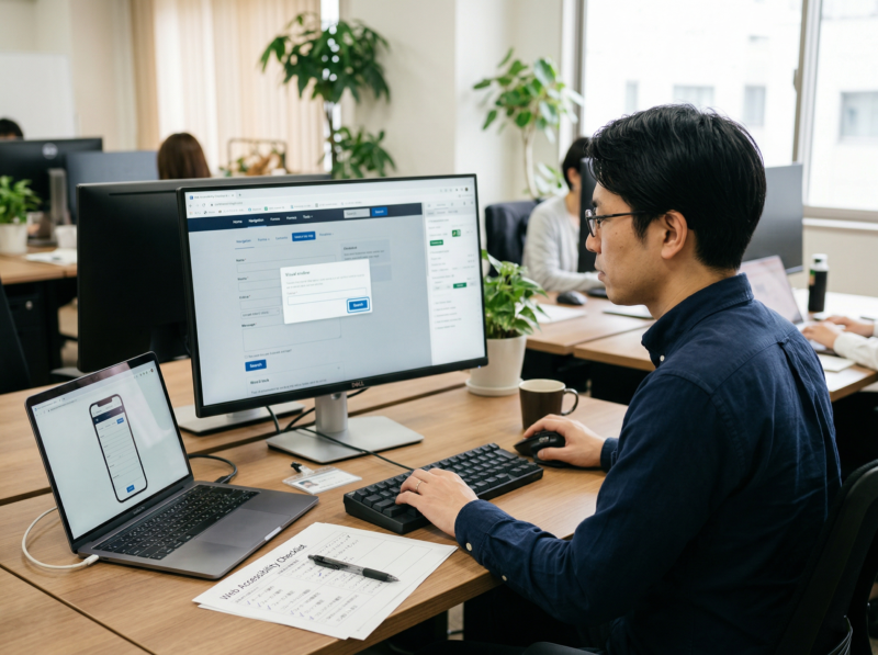 Web担当者がアクセシビリティ確認のために画面表示と操作性をチェックしている様子