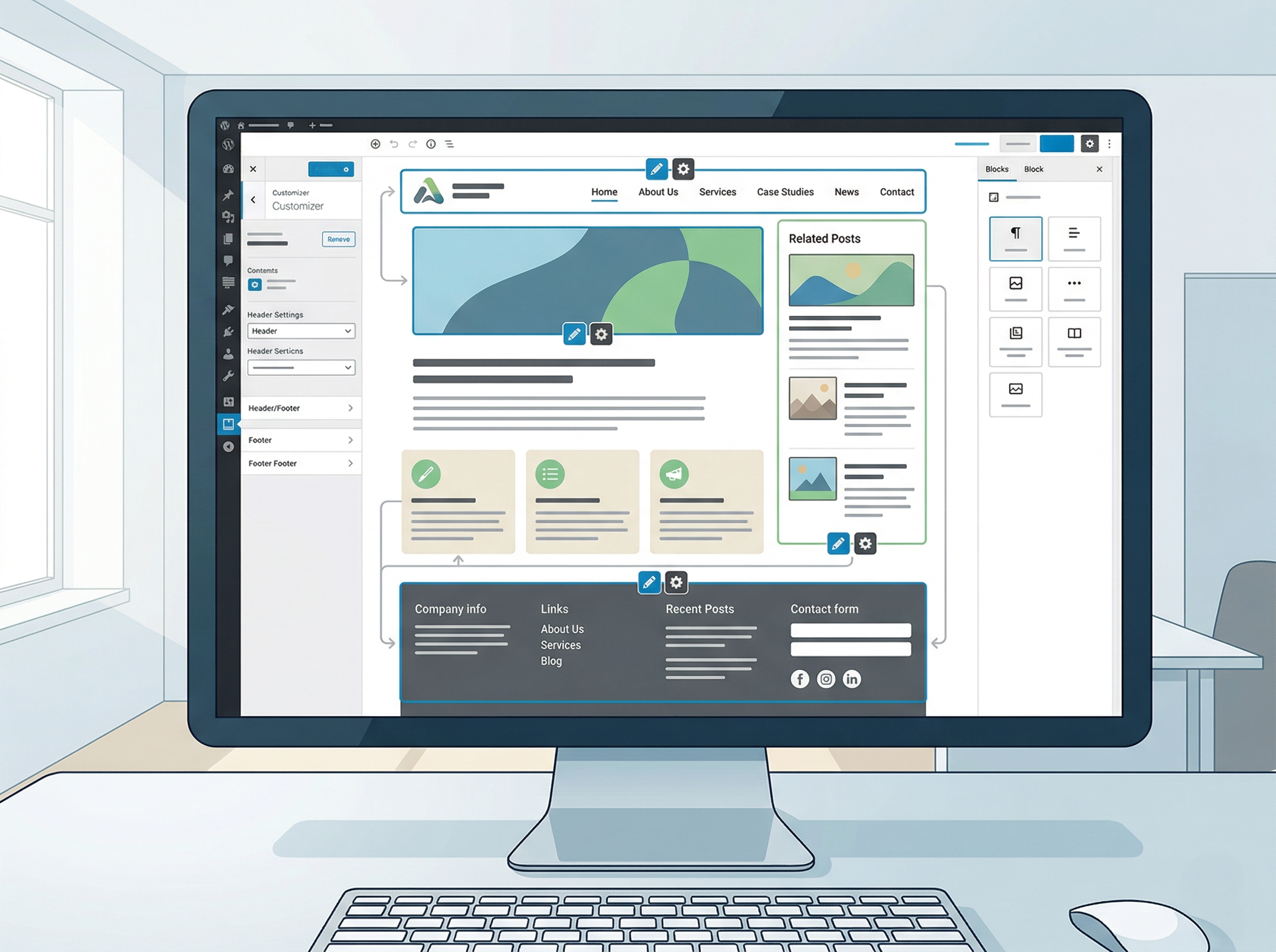 ヘッダーとフッターを含めた企業サイト全体の導線構成を俯瞰したイメージ