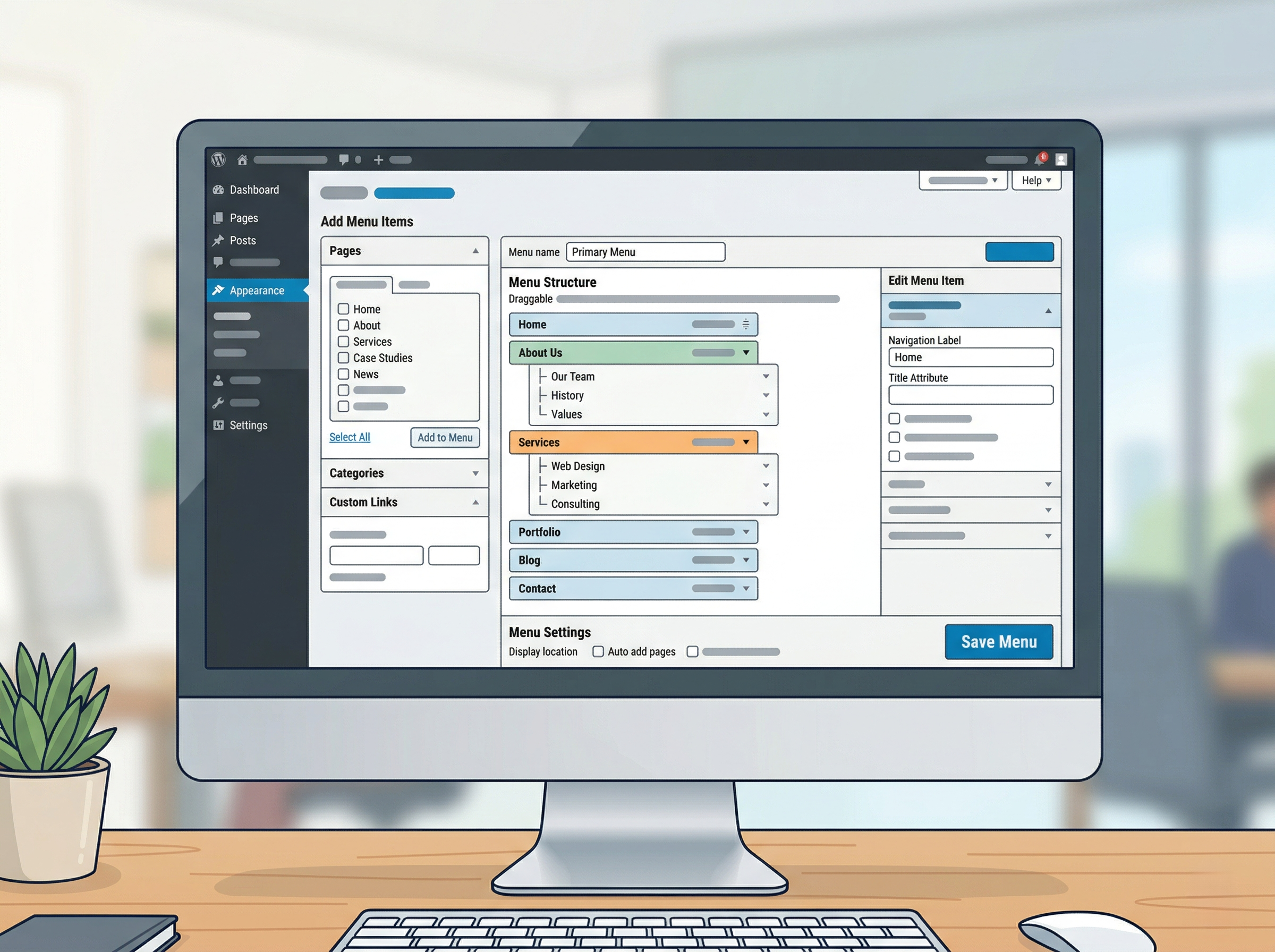 WordPressのメニュー設定画面風UIでナビゲーション構成を整理しているイメージ