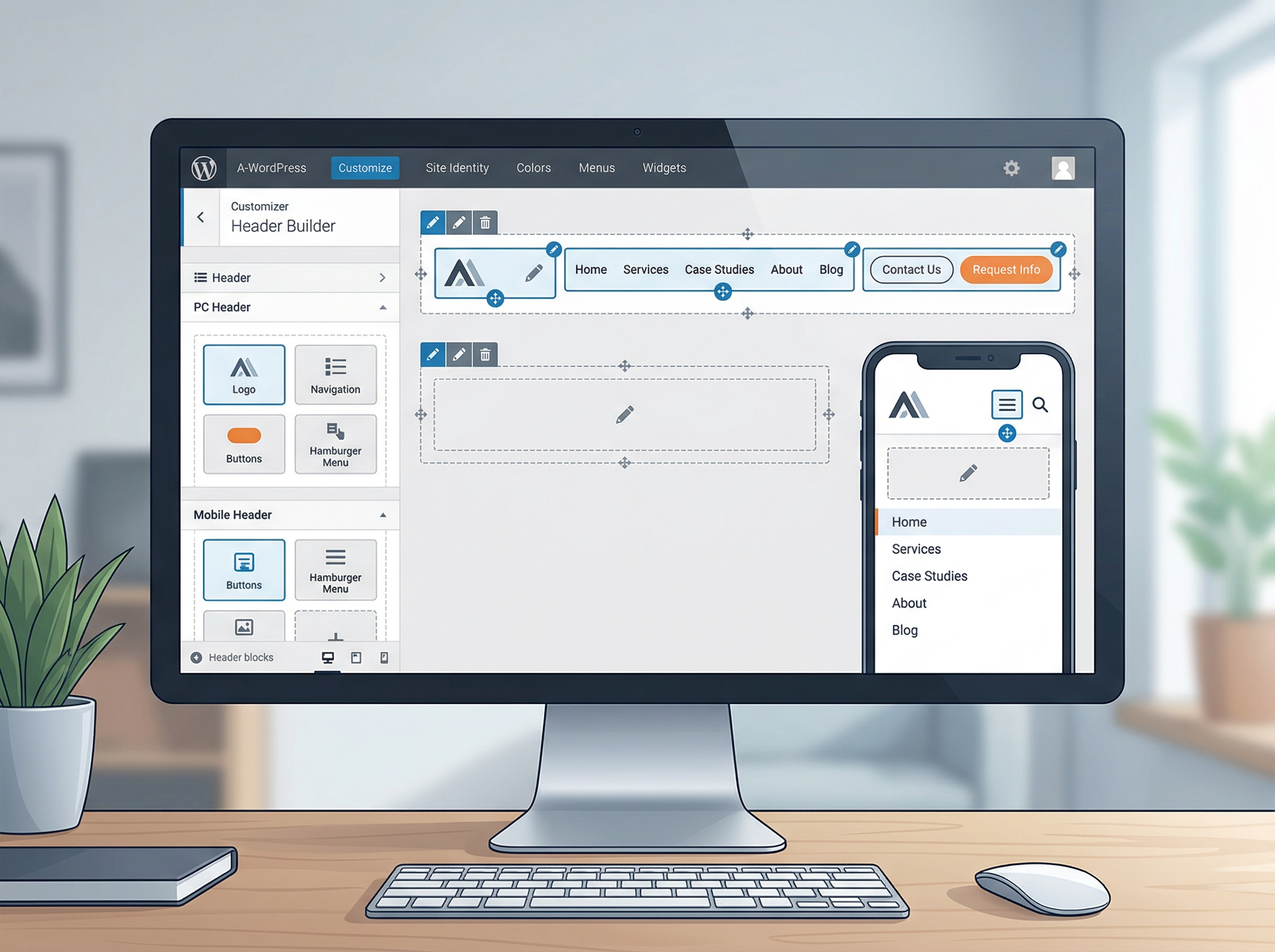 WordPressのヘッダー編集画面風UIでロゴやメニュー、CTAを配置しているイメージ