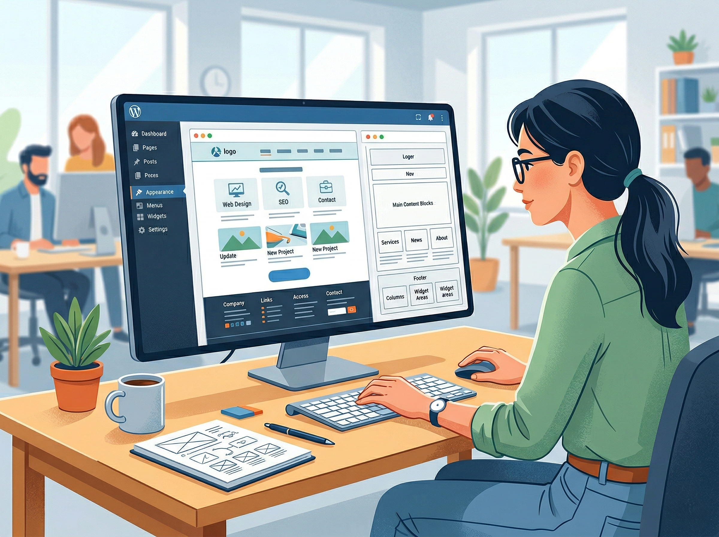 WordPress管理画面風のUIでヘッダーやフッター、導線設計を検討しているイメージ