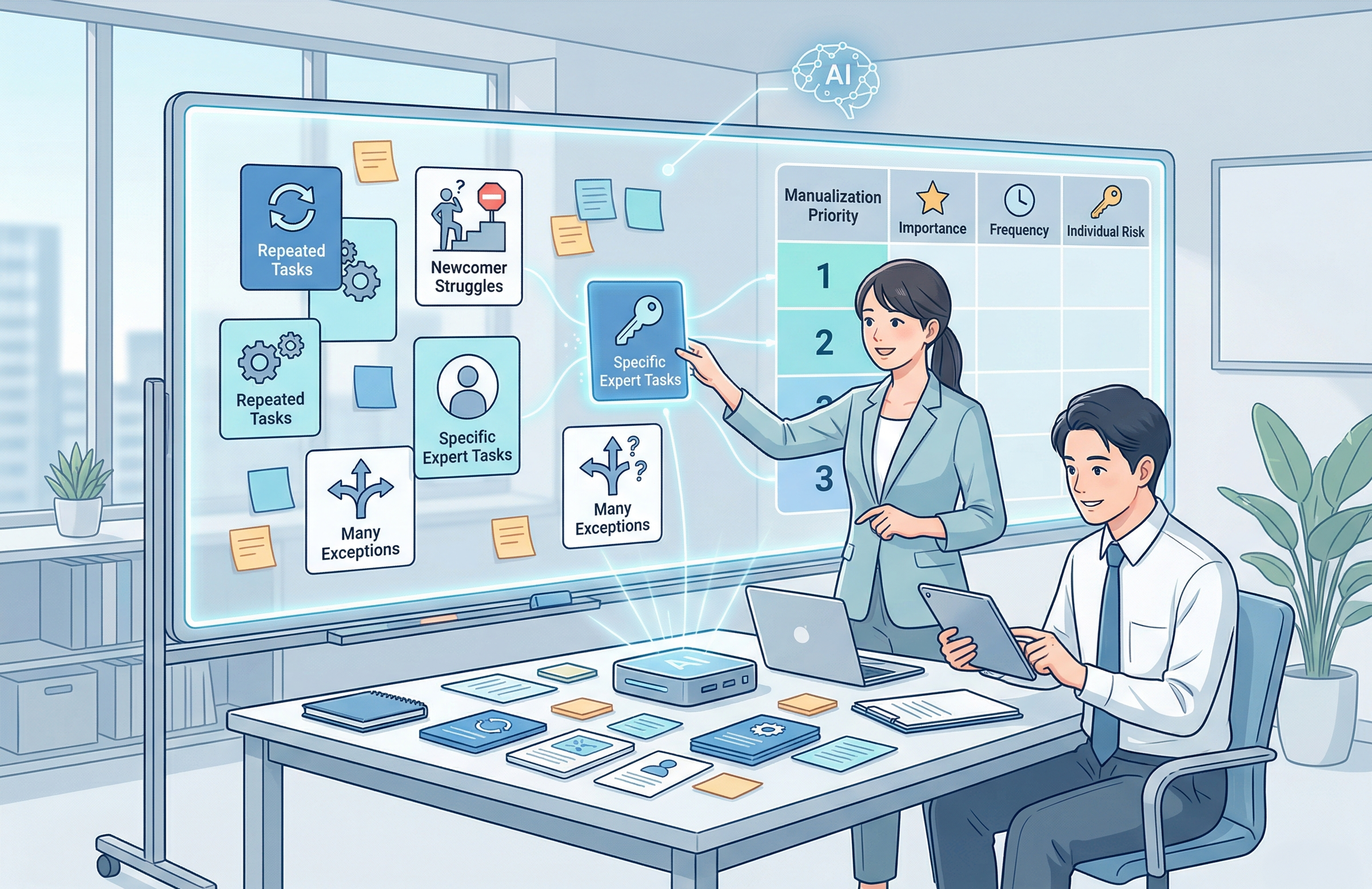 繰り返し業務や属人化業務を整理して優先順位をつけるイメージ