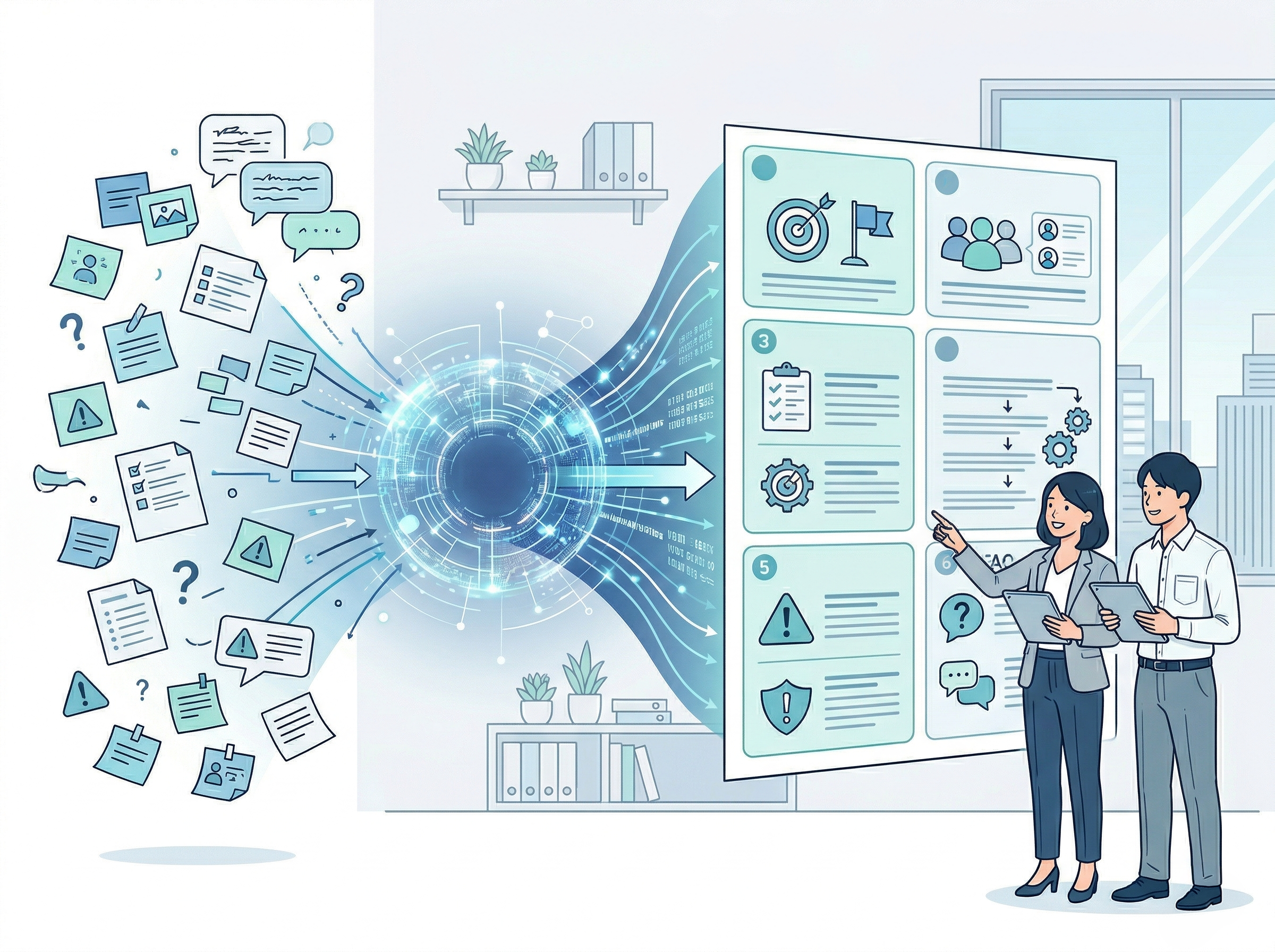 AIが業務手順を整理し、分かりやすい手順書の形に整えているイメージ