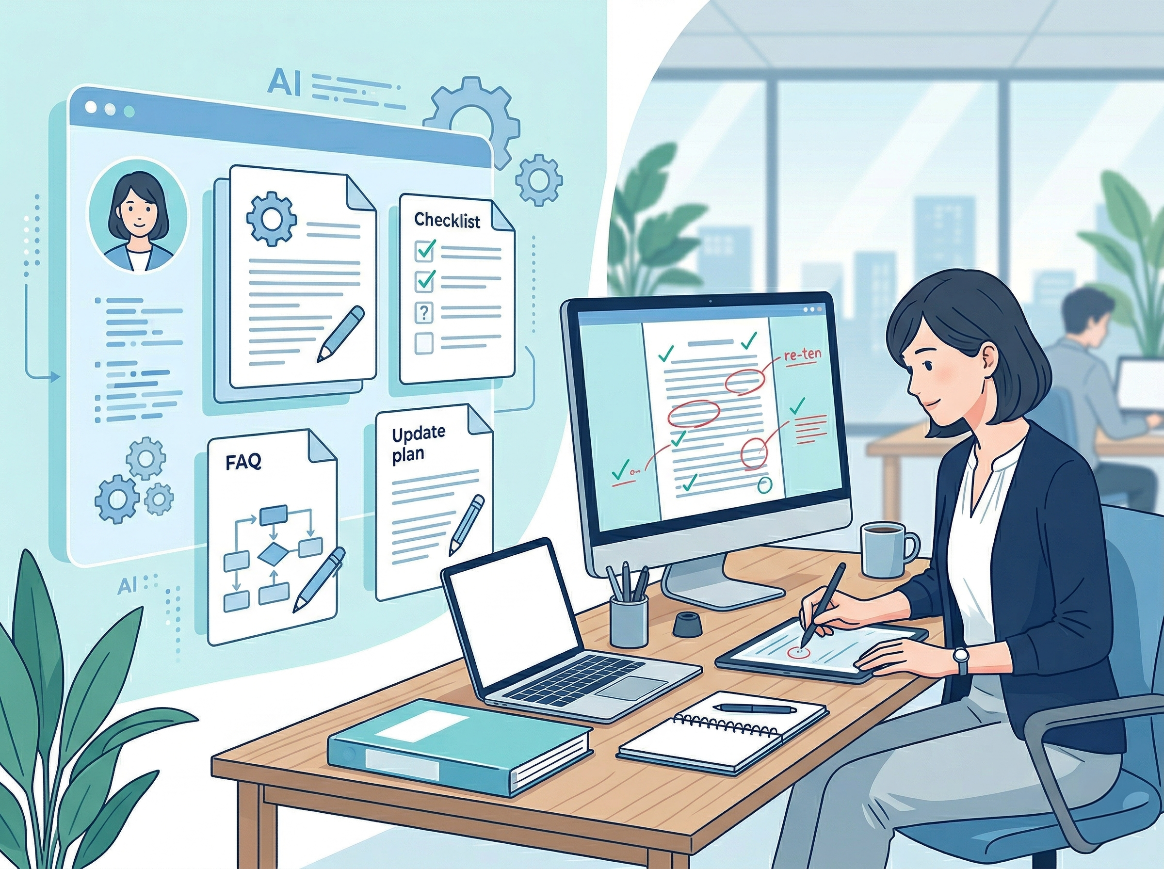 AIが手順書やFAQのたたき台を作り、人が最終確認しているイメージ