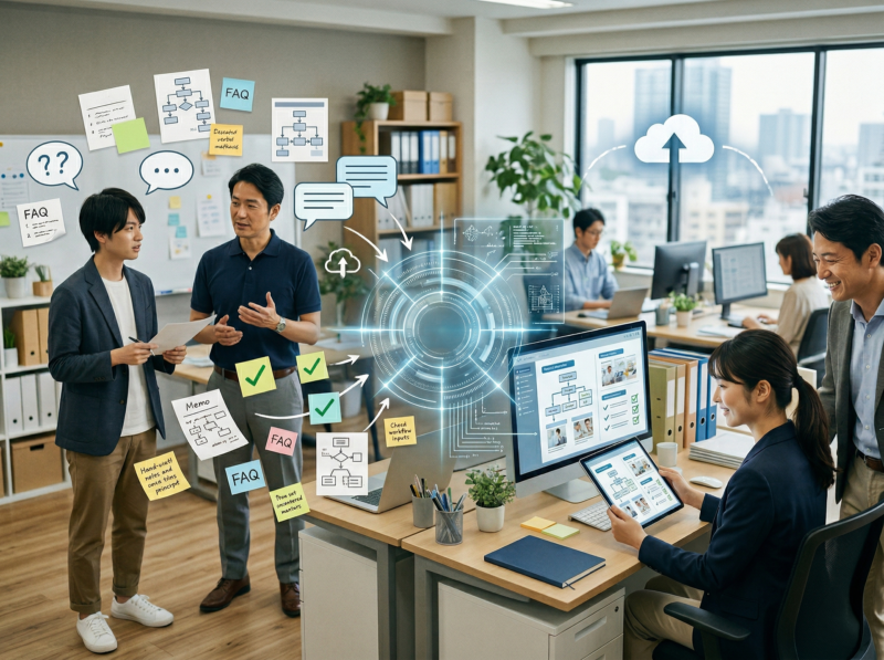AIが社内マニュアルのたたき台を整理し、新人教育を支援しているイメージ