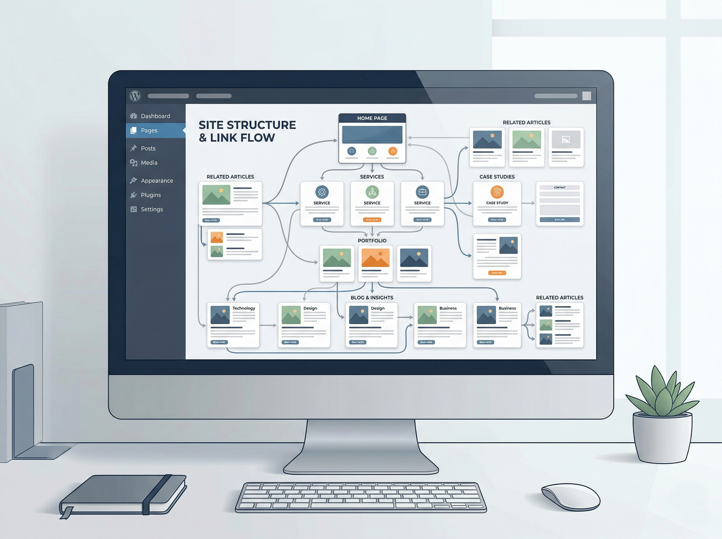 記事ページやサービスページが内部リンクでつながるサイト構造のイメージ