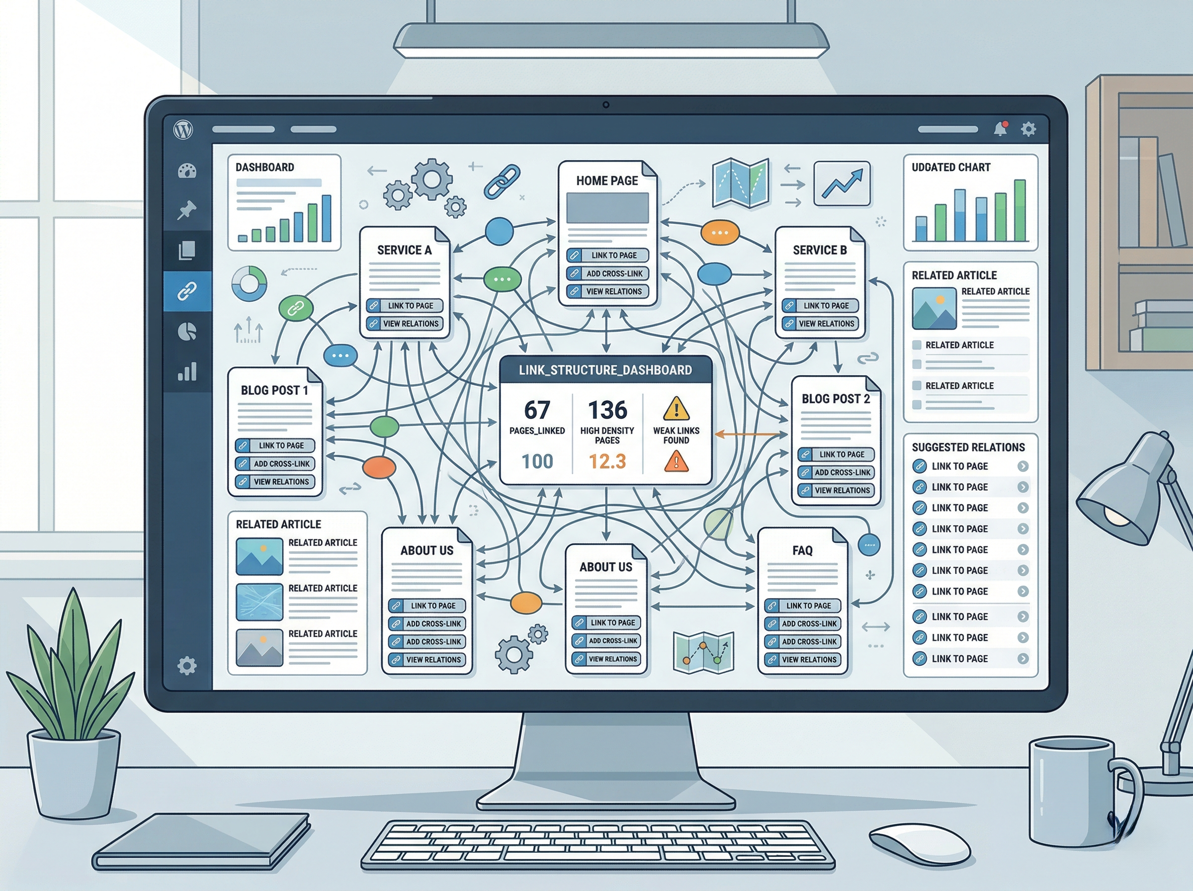 内部リンクが多すぎて導線が分かりにくくなっているWordPressサイト構成のイメージ