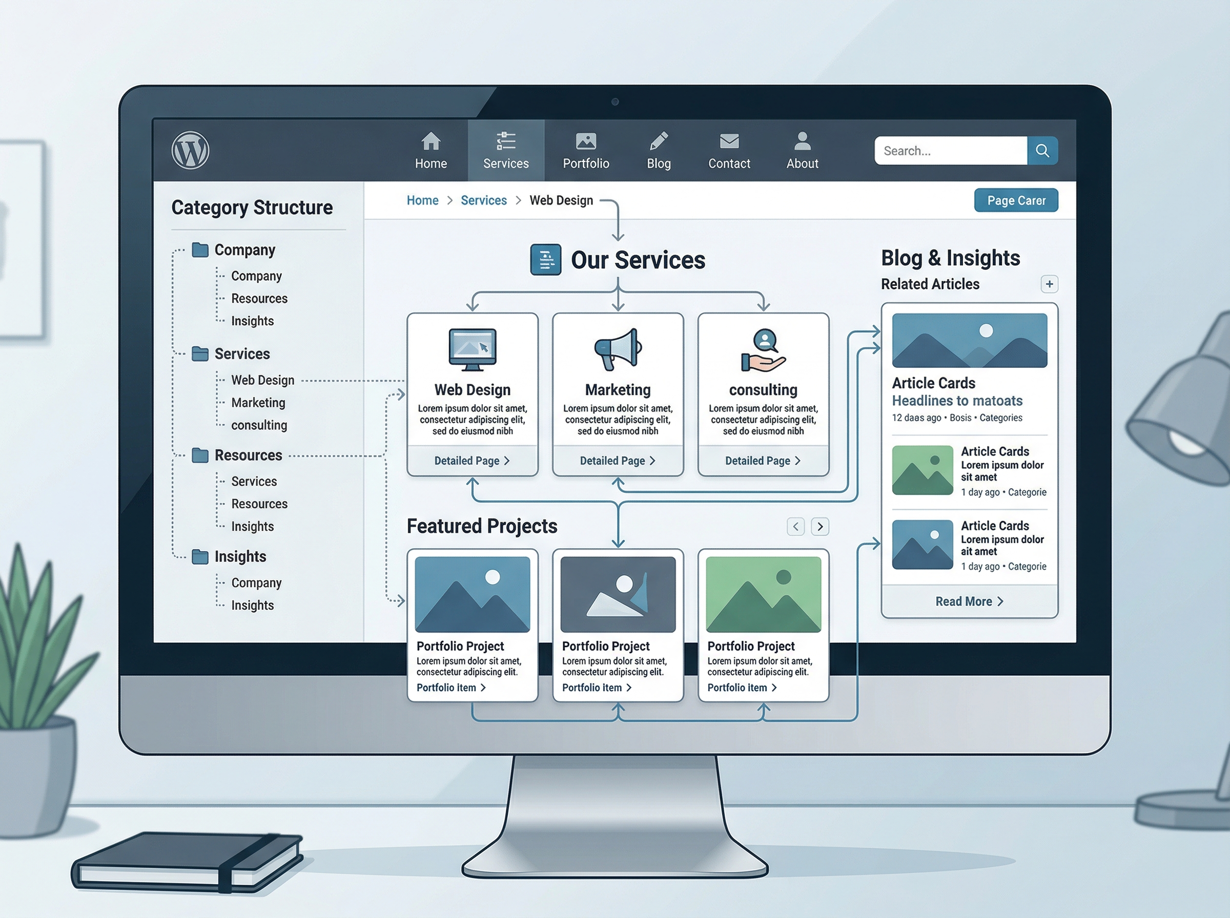 WordPressの企業サイトで内部リンク構造やページ同士のつながりを設計しているイメージ