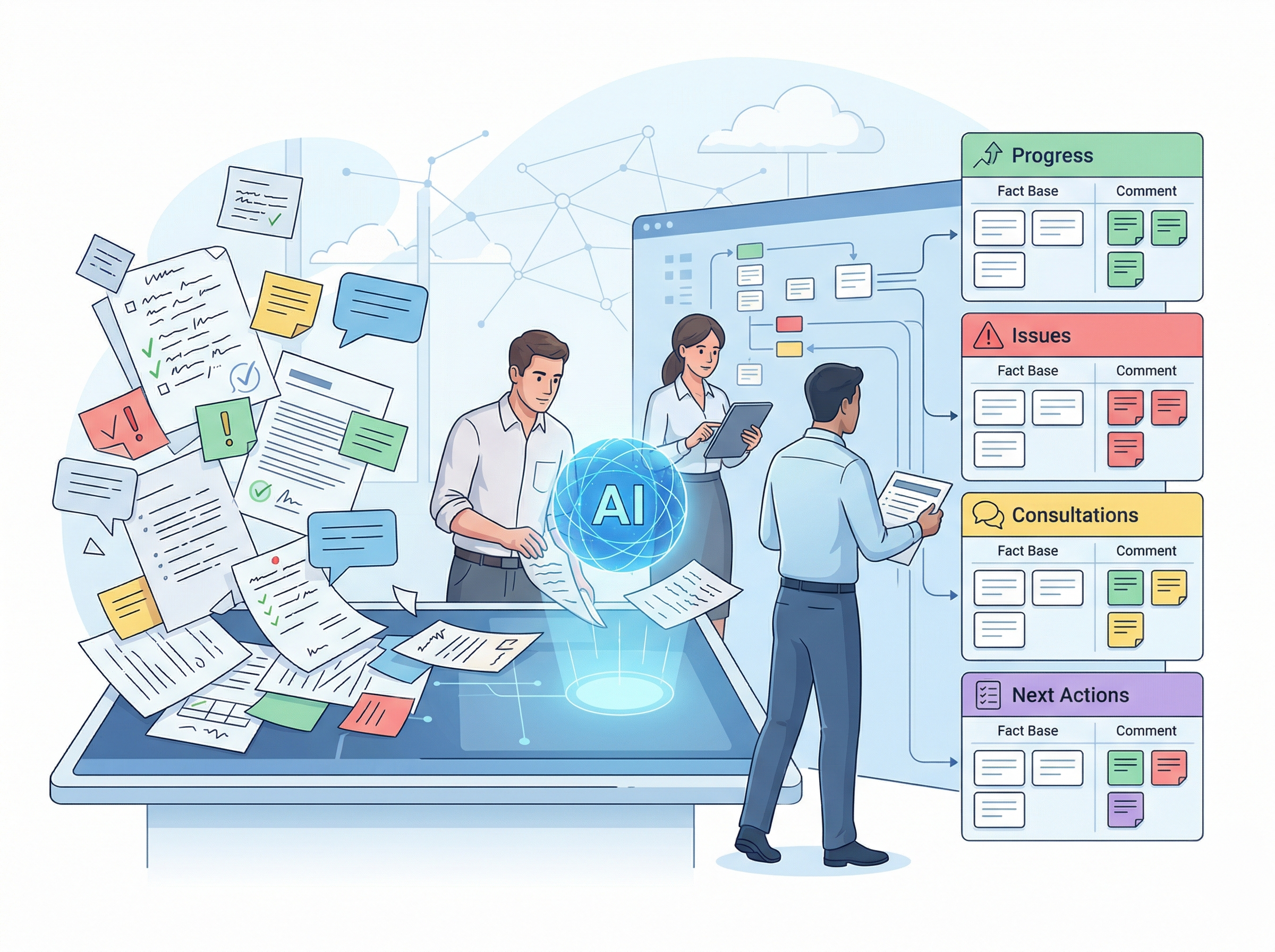 進捗・課題・相談事項などを分けて整理しているイメージ