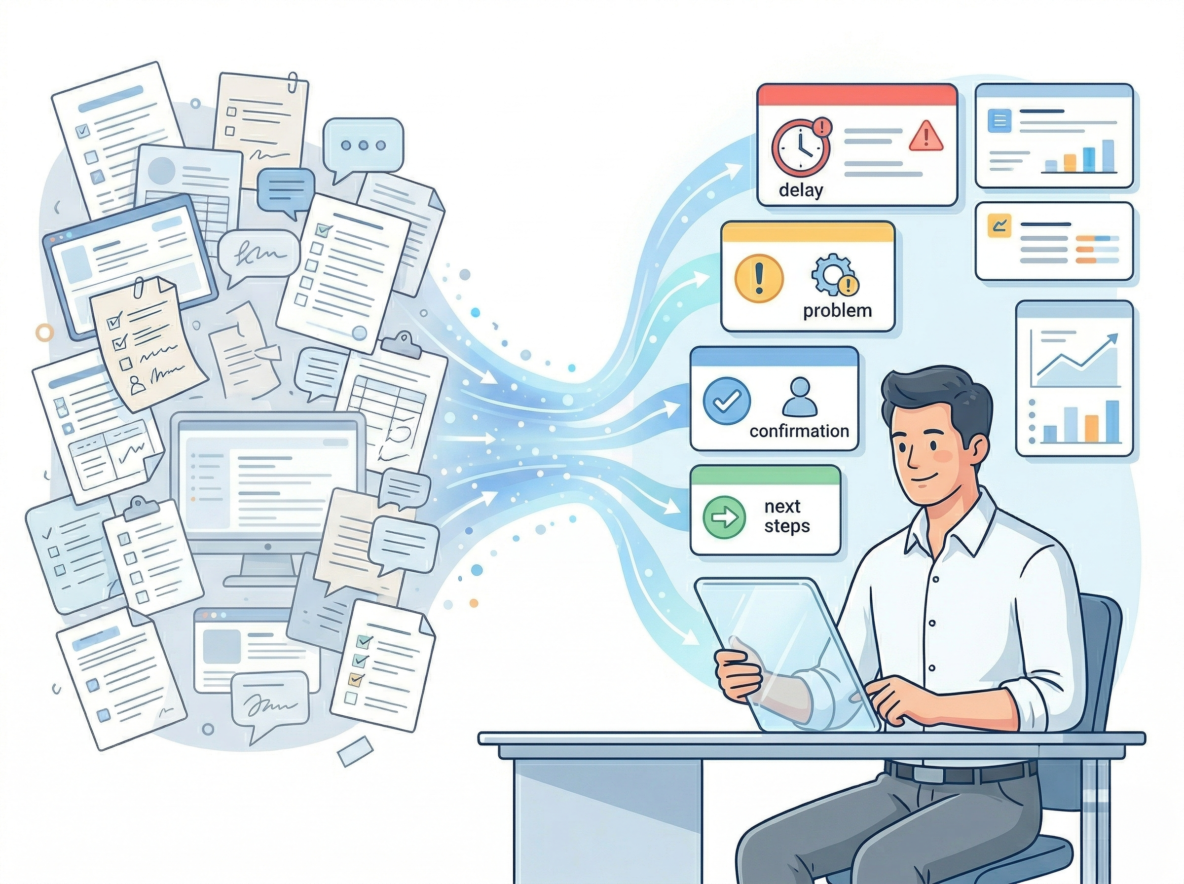 AIが日報から重要事項だけを抽出し、優先度順に整理しているイメージ