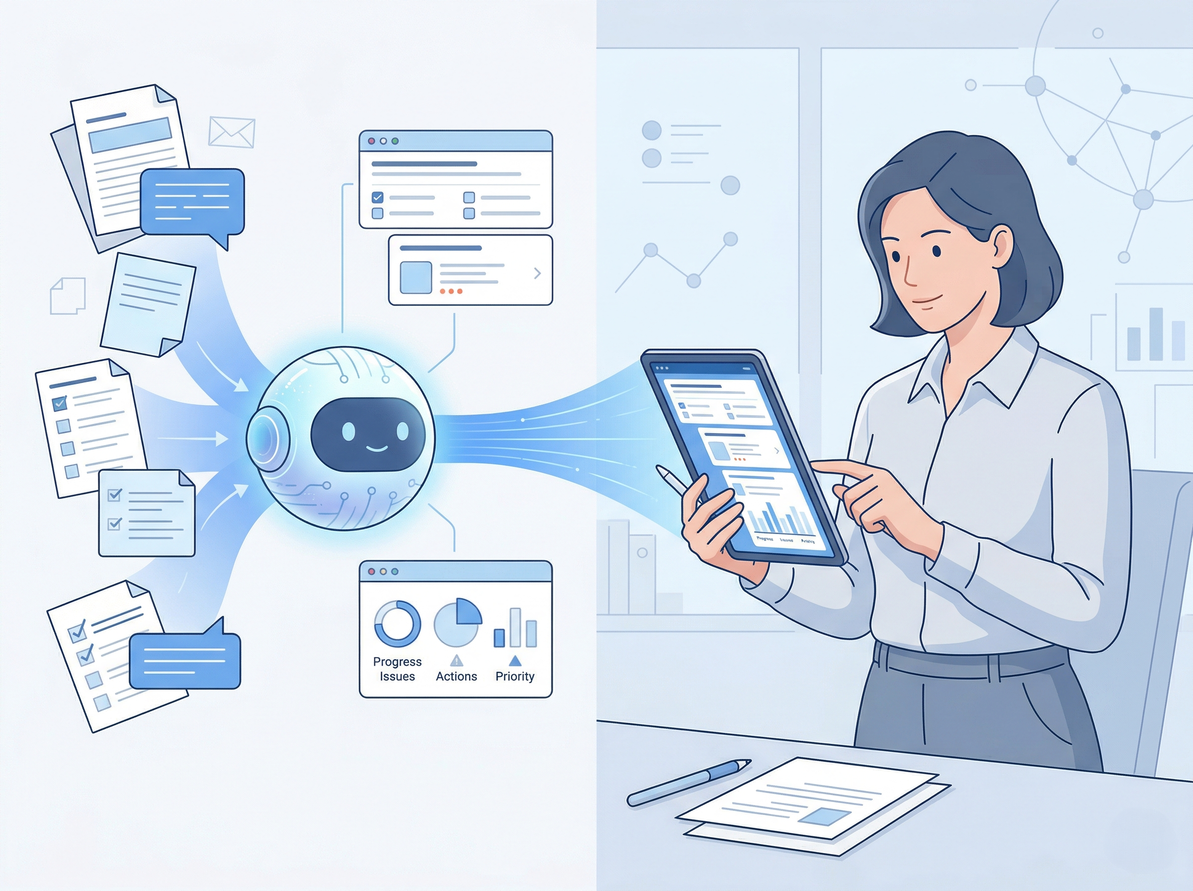 AIが日報要約のたたき台を作り、人が最終確認しているイメージ
