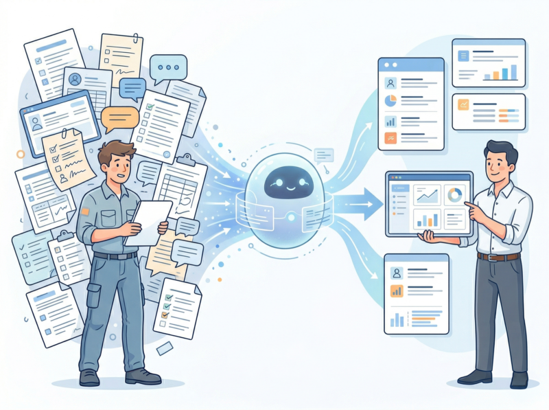 AIが日報や作業報告を整理・要約し、管理者が必要情報を確認しやすくなっているイメージ