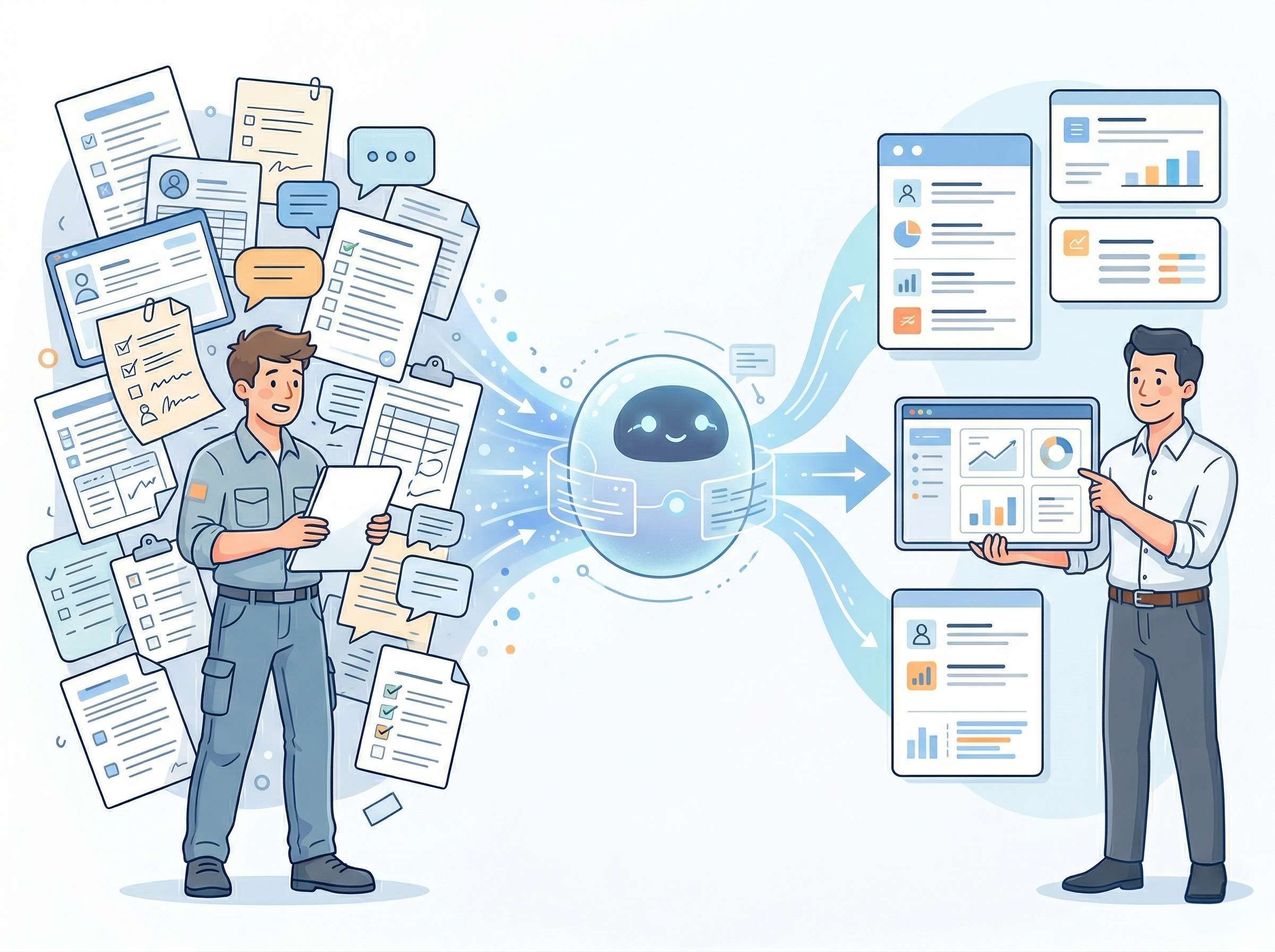 AIが日報や作業報告を整理・要約し、管理者が必要情報を確認しやすくなっているイメージ