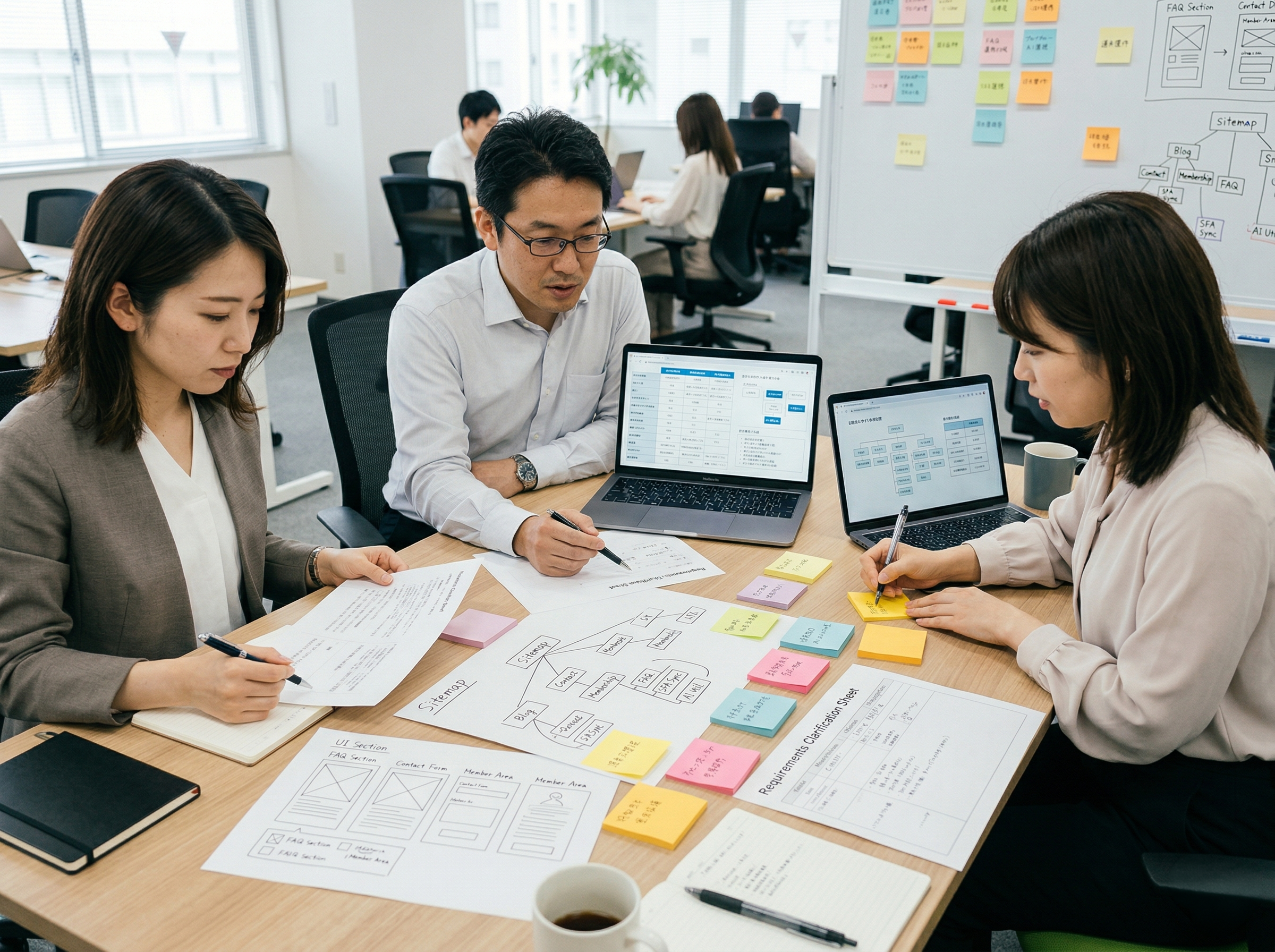 将来追加したい機能や運用要件を整理しながらWeb基盤を選定する様子