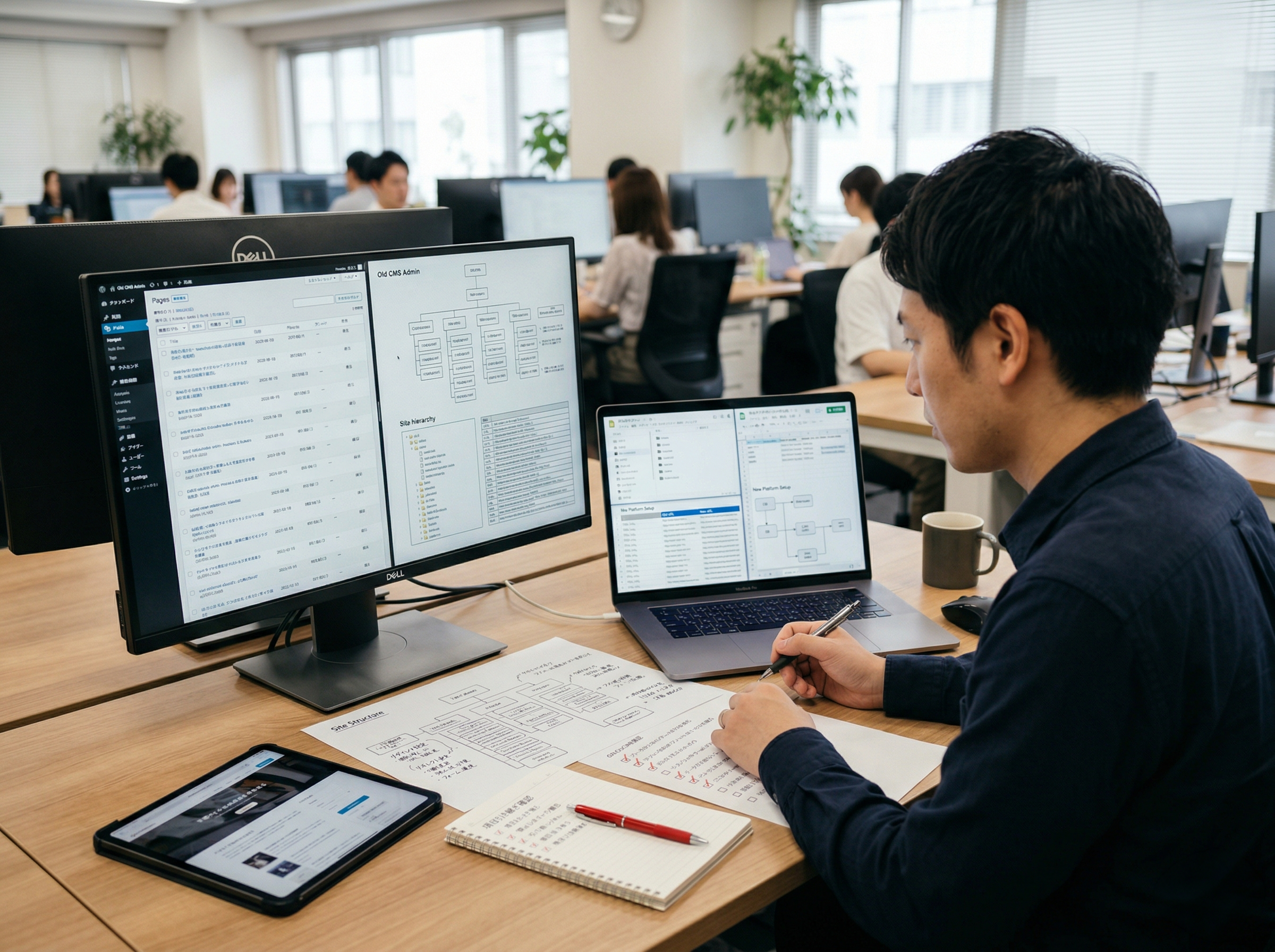 既存サイトの構成やデータ移行を確認しながら引き継ぎ方法を検討する場面