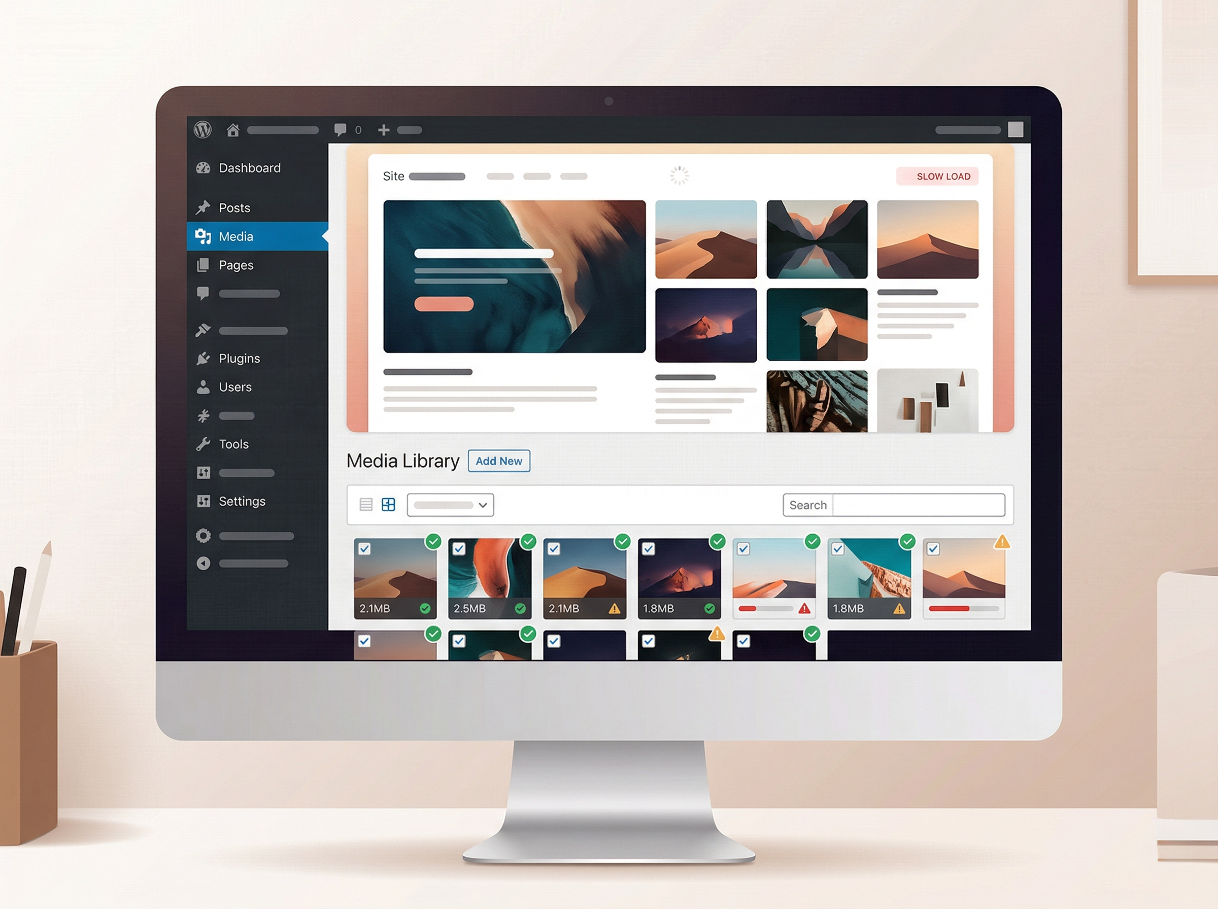 画像の多いWordPressサイトが表示速度に影響しそうな構成を示すイメージ