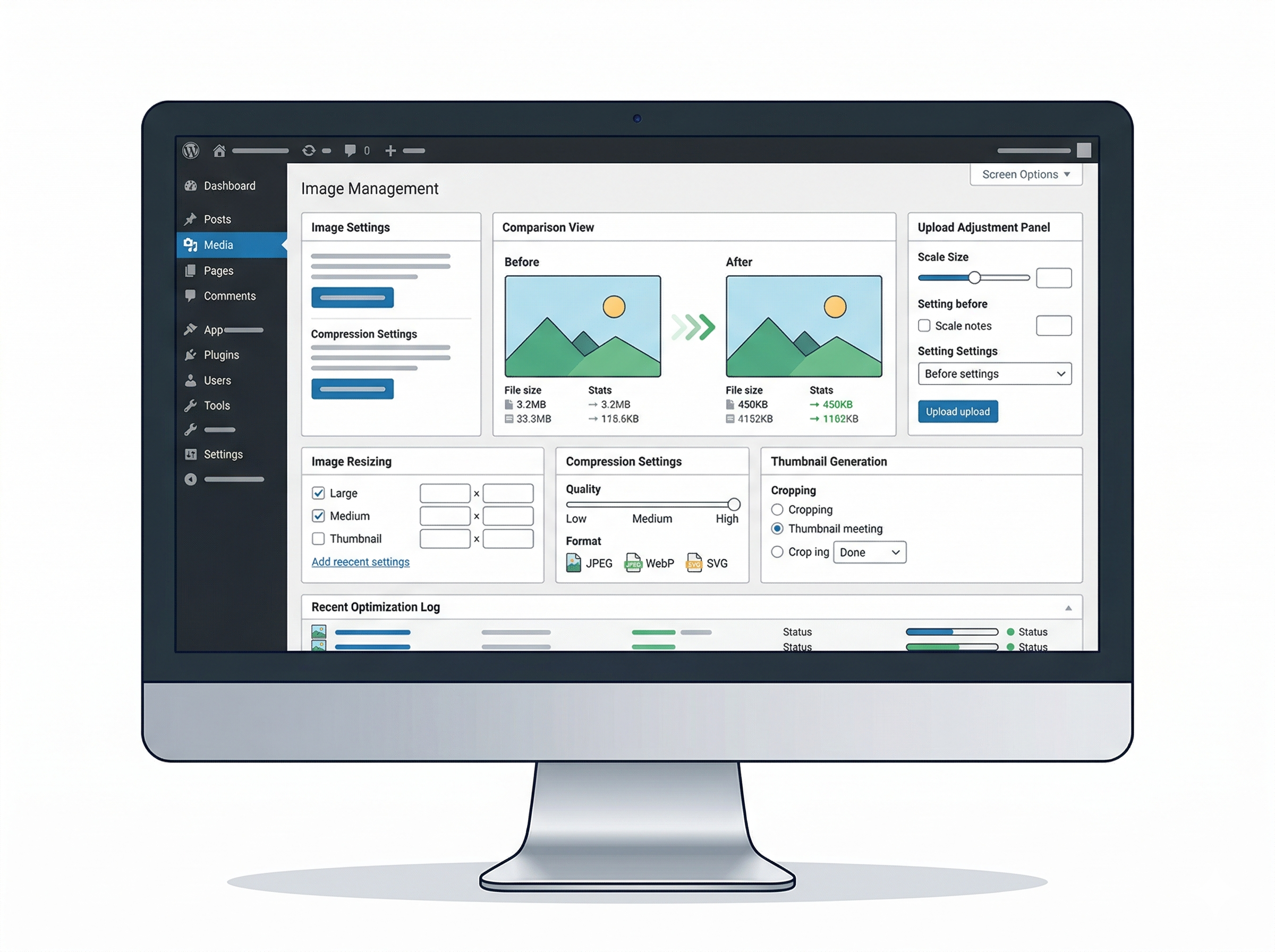 画像のリサイズや圧縮でファイルを軽量化しているWordPress管理画面風のイメージ