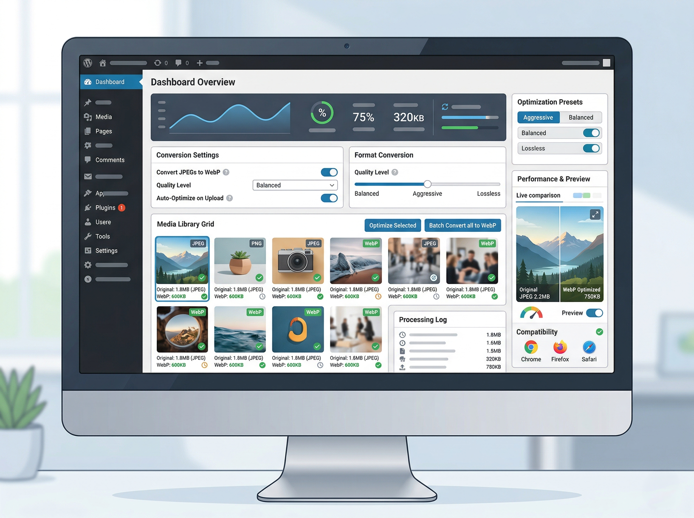 WebPへの変換や画像形式の最適化を行っているWordPress風UIのイメージ