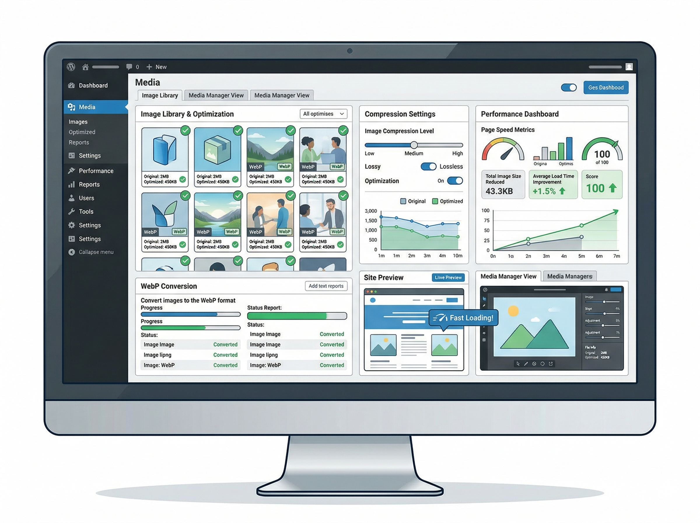 WordPressの管理画面風UIで画像最適化と表示速度改善を行っているイメージ