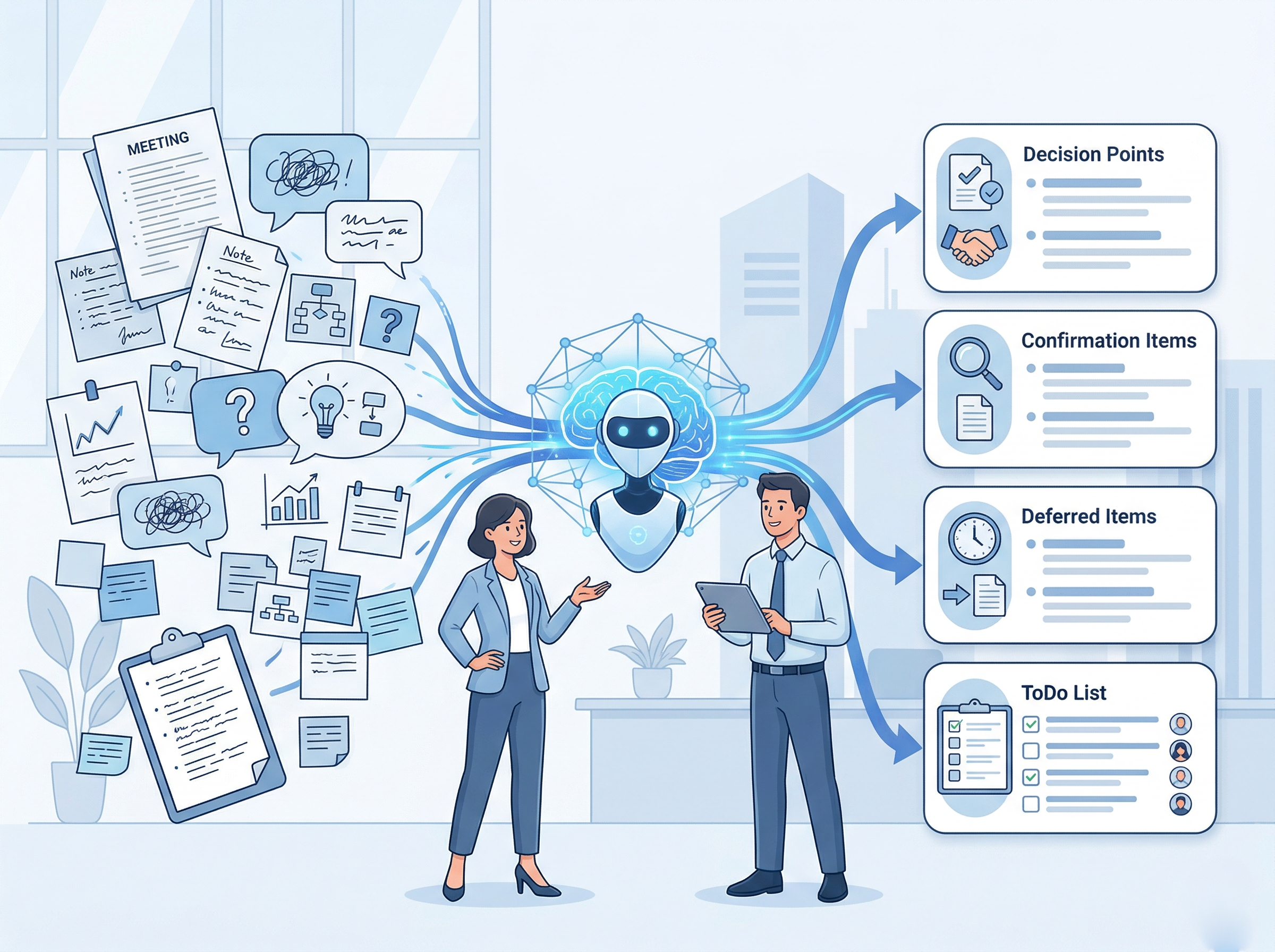 会議の発言記録と実行タスクが分けて整理されているイメージ
