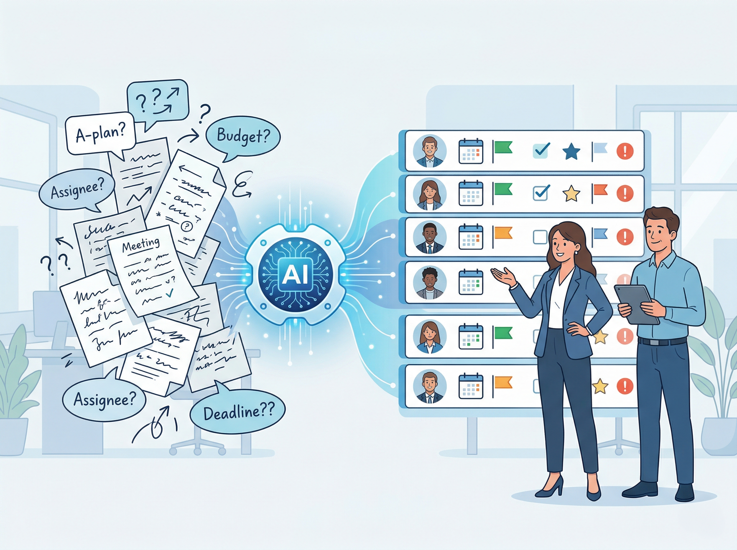 AIがタスクごとの担当者と期限を整理し、人が確認しているイメージ