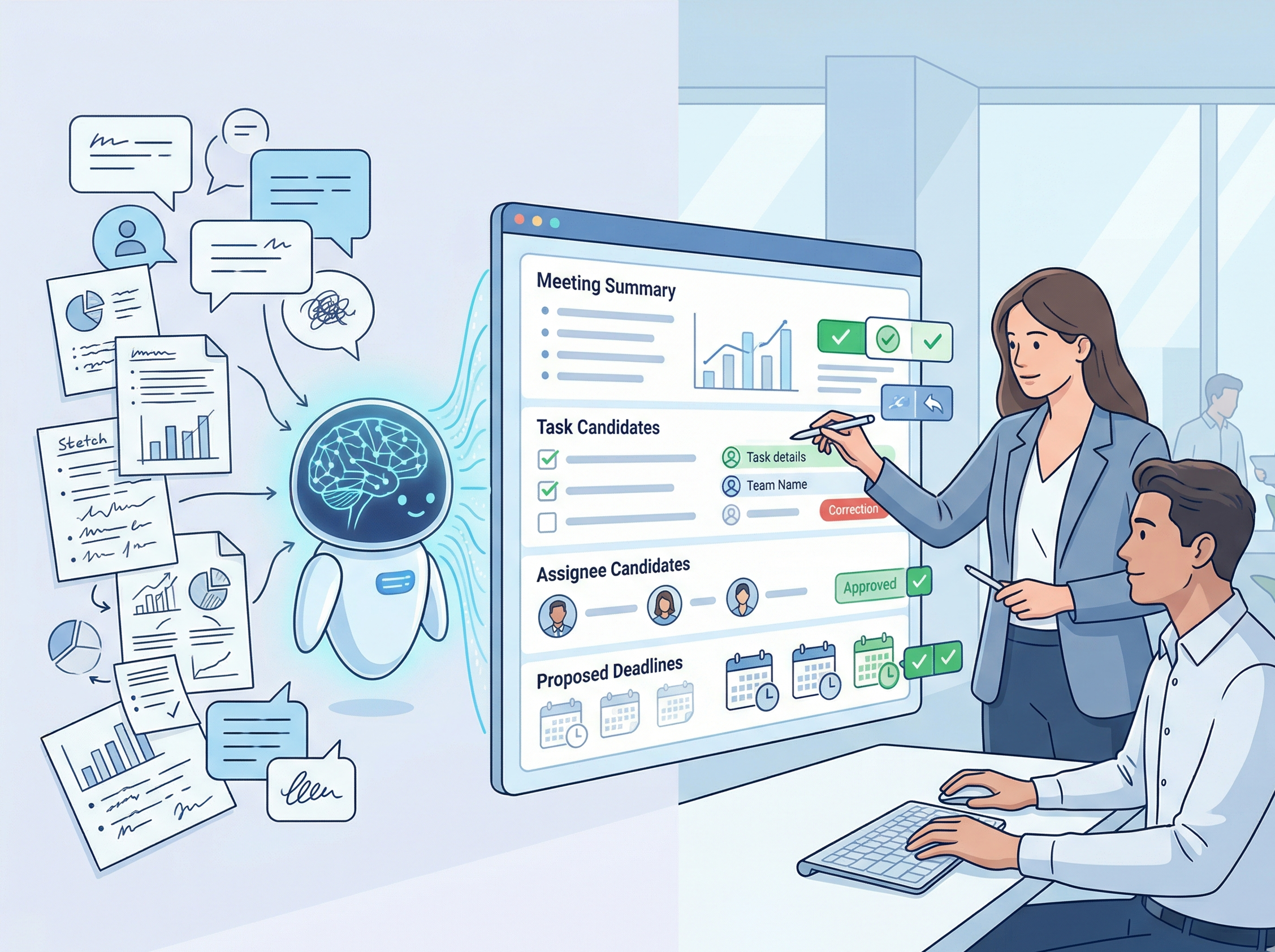AIが議事録からタスク候補を抽出し、人が最終確認しているイメージ