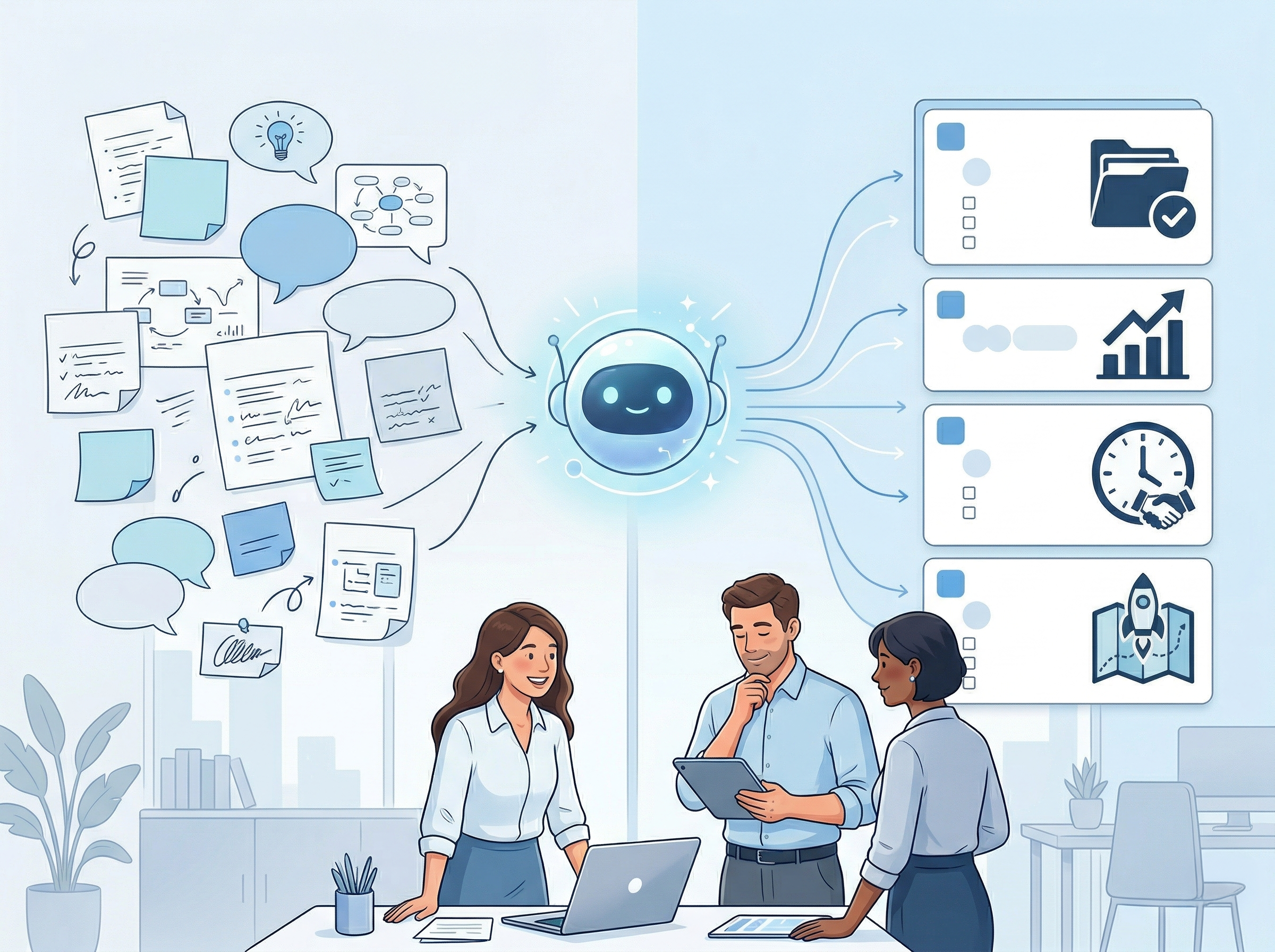 AIが会議メモや議事録を整理し、やること・担当者・期限を見える化しているイメージ