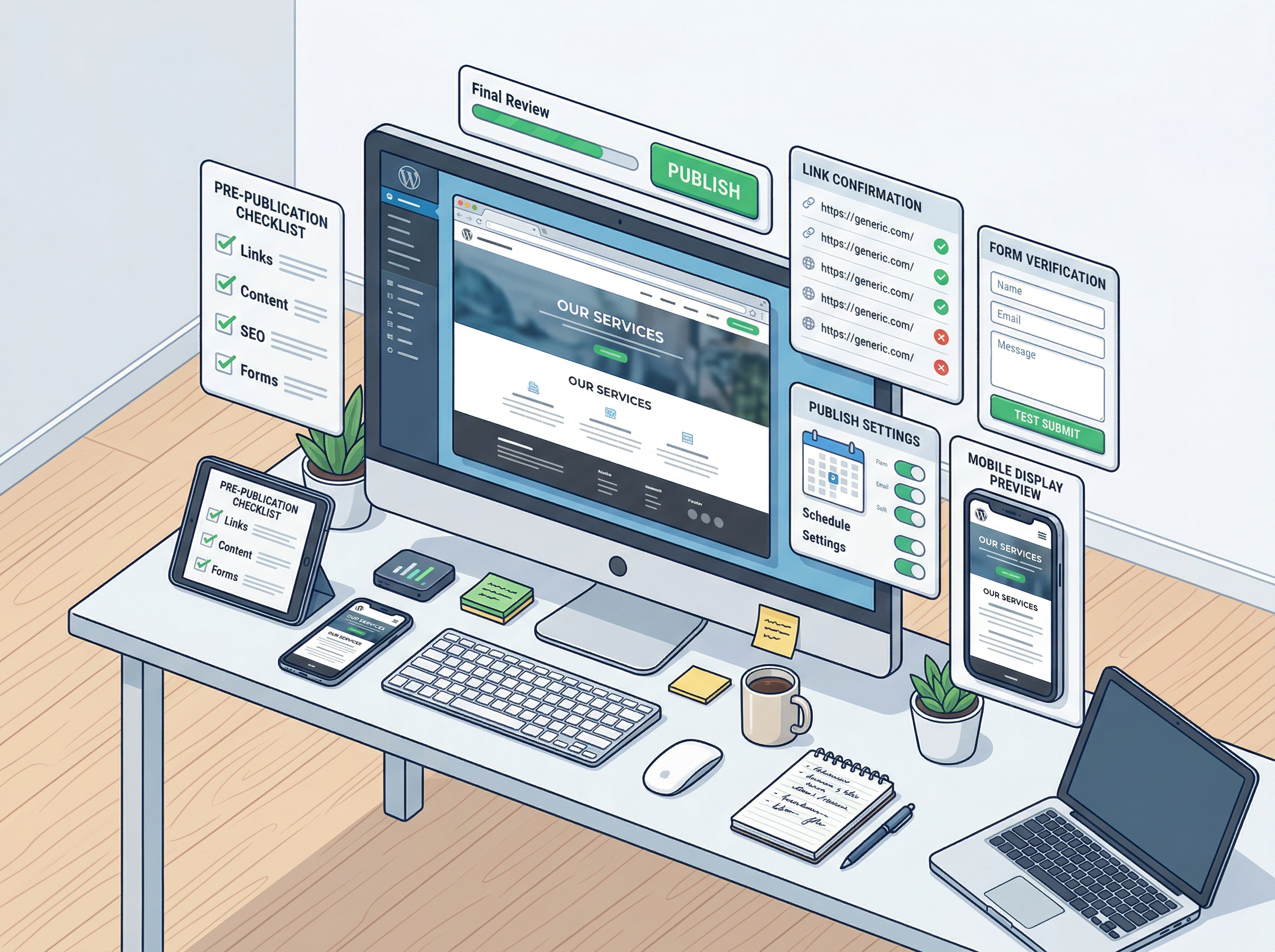 公開前にページ表示と設定項目をまとめて確認しているWordPressサイトのイメージ