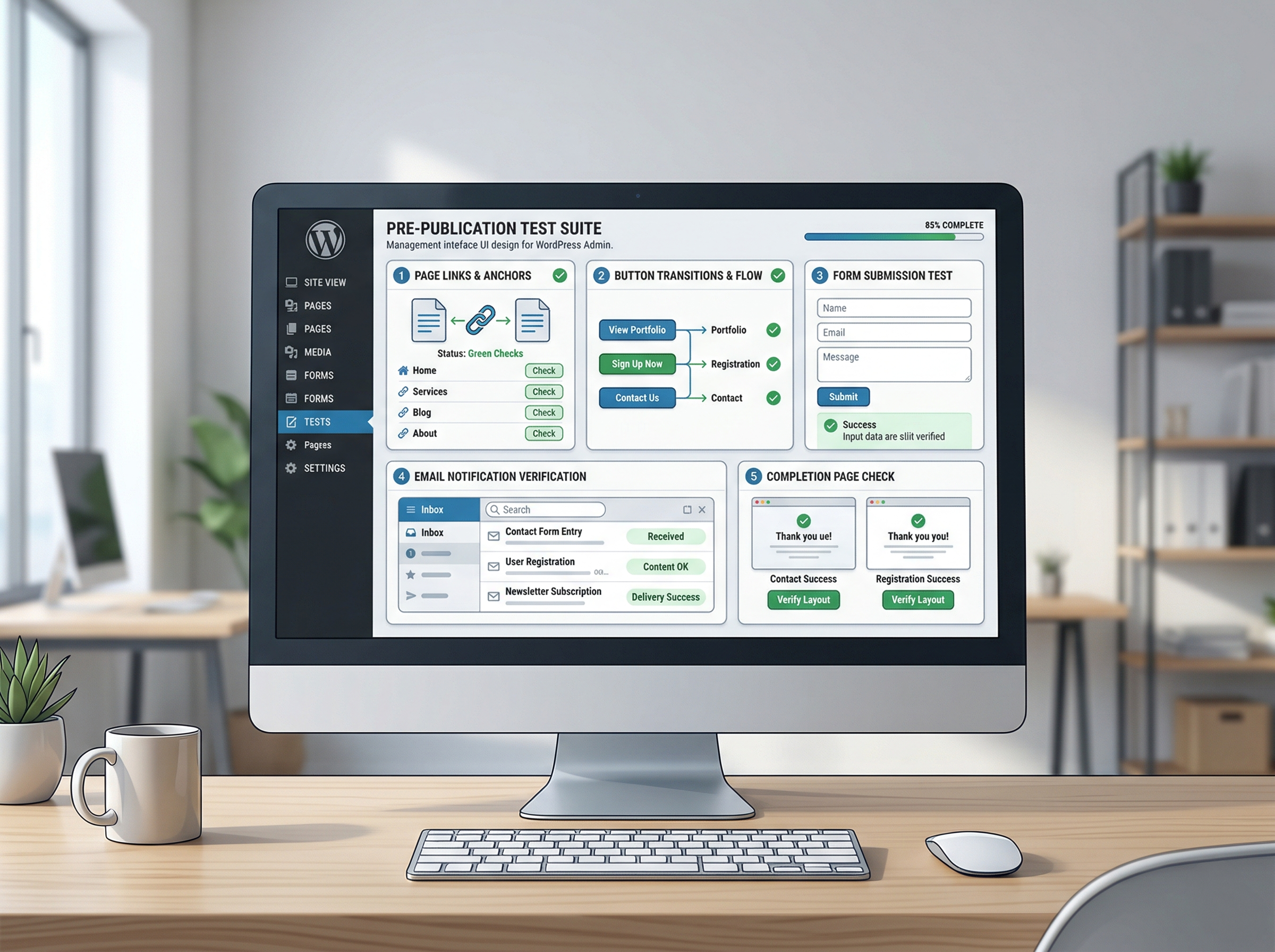 リンク確認やフォーム送信テストをしているWordPress管理画面風のイメージ