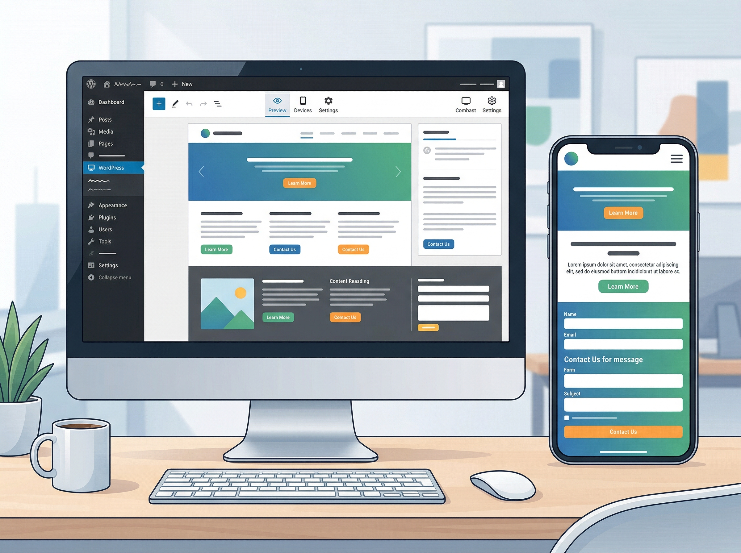 PC表示とスマホ表示を並べてモバイル確認しているWordPressサイトのイメージ