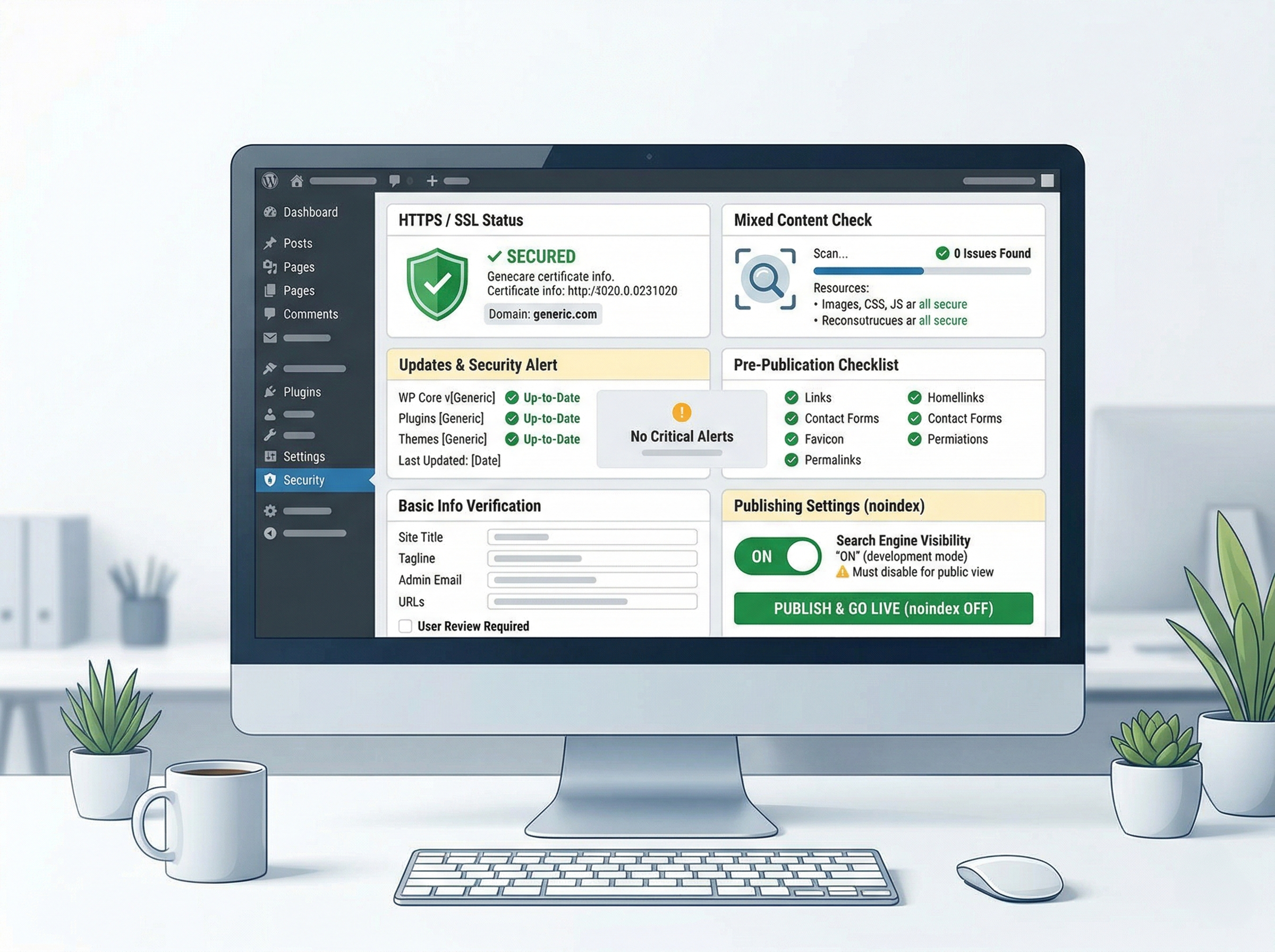 SSLや公開設定の見直しをしているWordPress管理画面風のイメージ