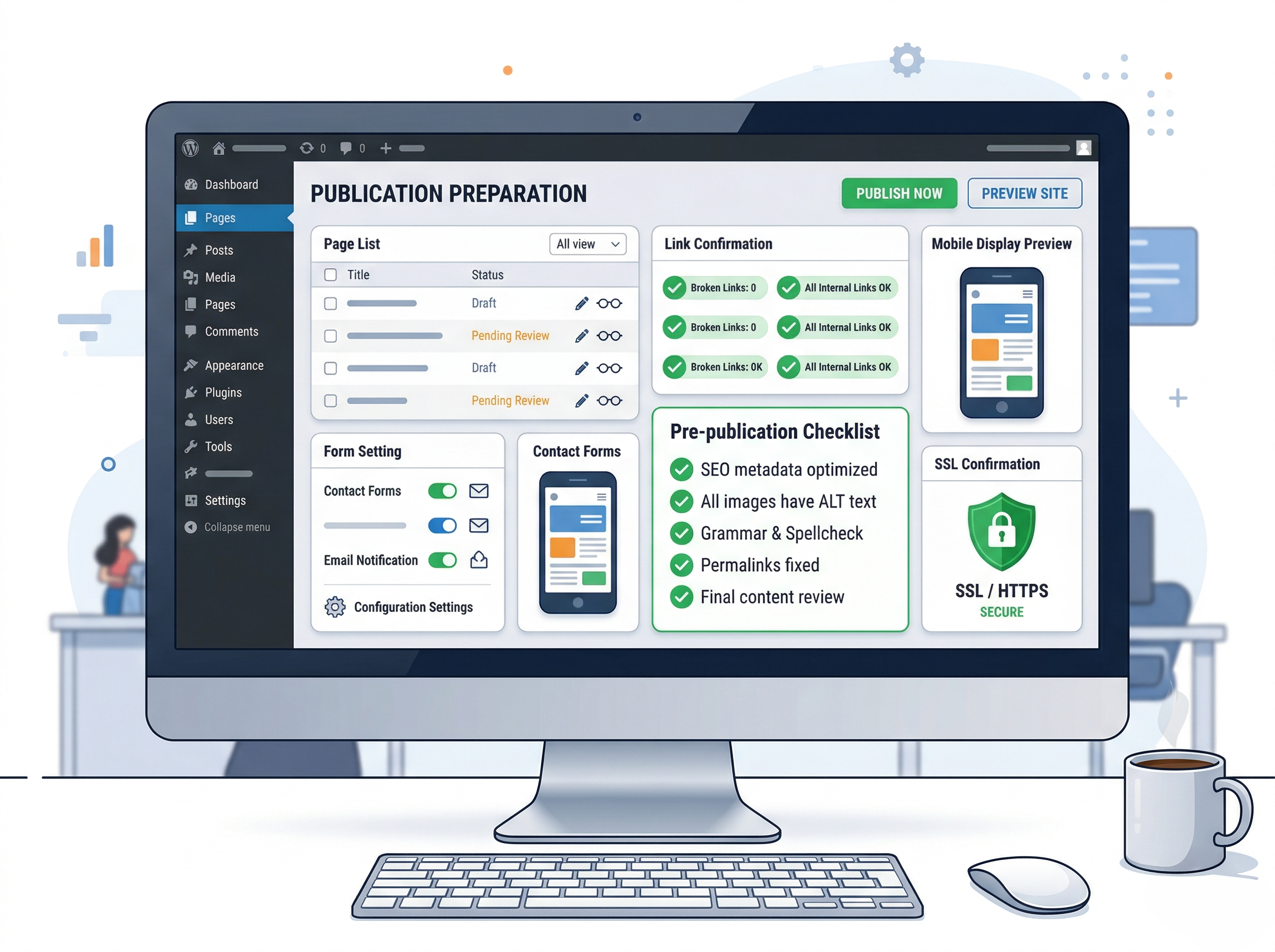 WordPressの管理画面風UIで公開前の最終確認を行っているイメージ