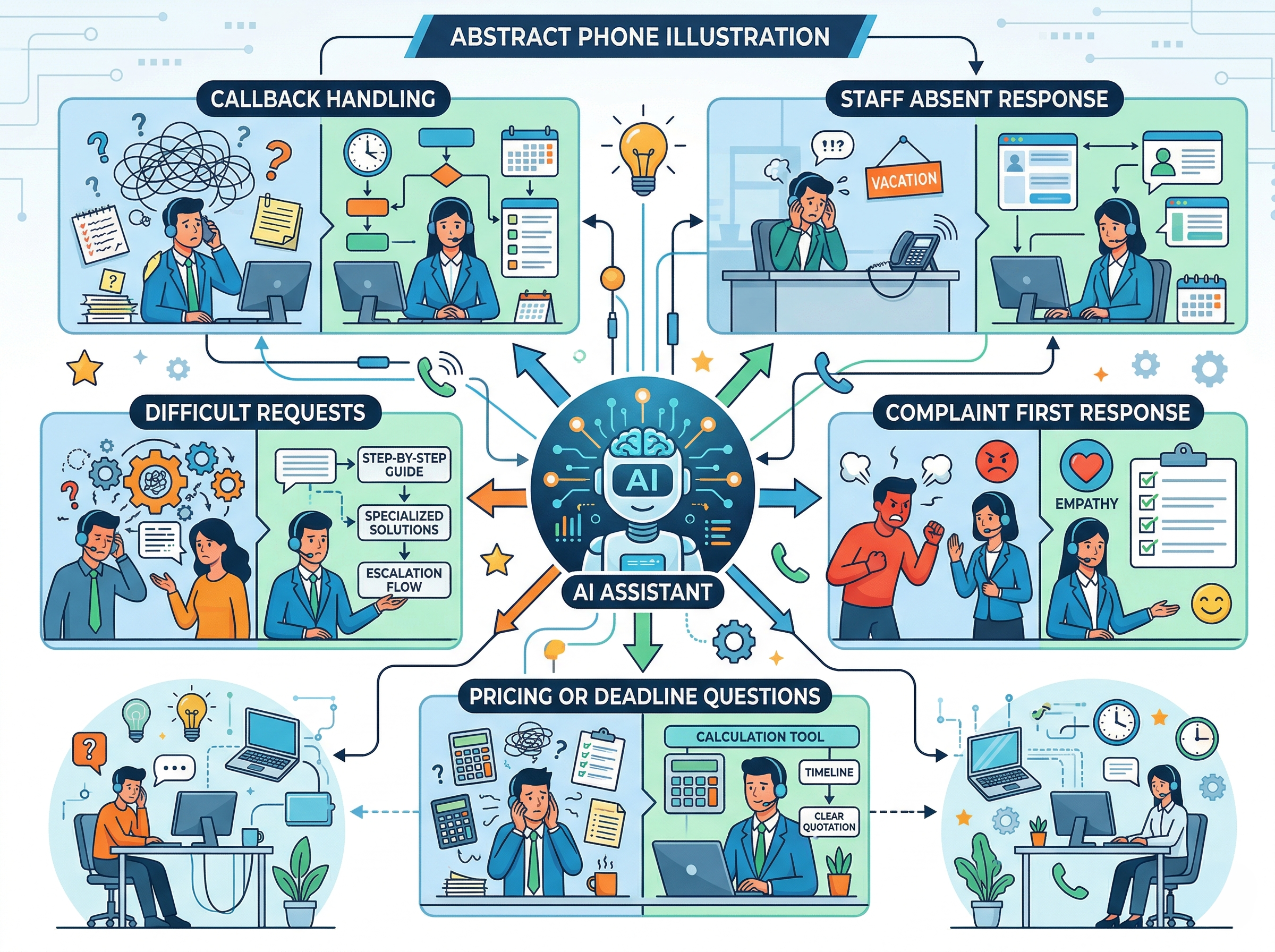 折り返しや担当不在やクレーム初期対応など電話対応で迷いやすい場面を整理するイメージ