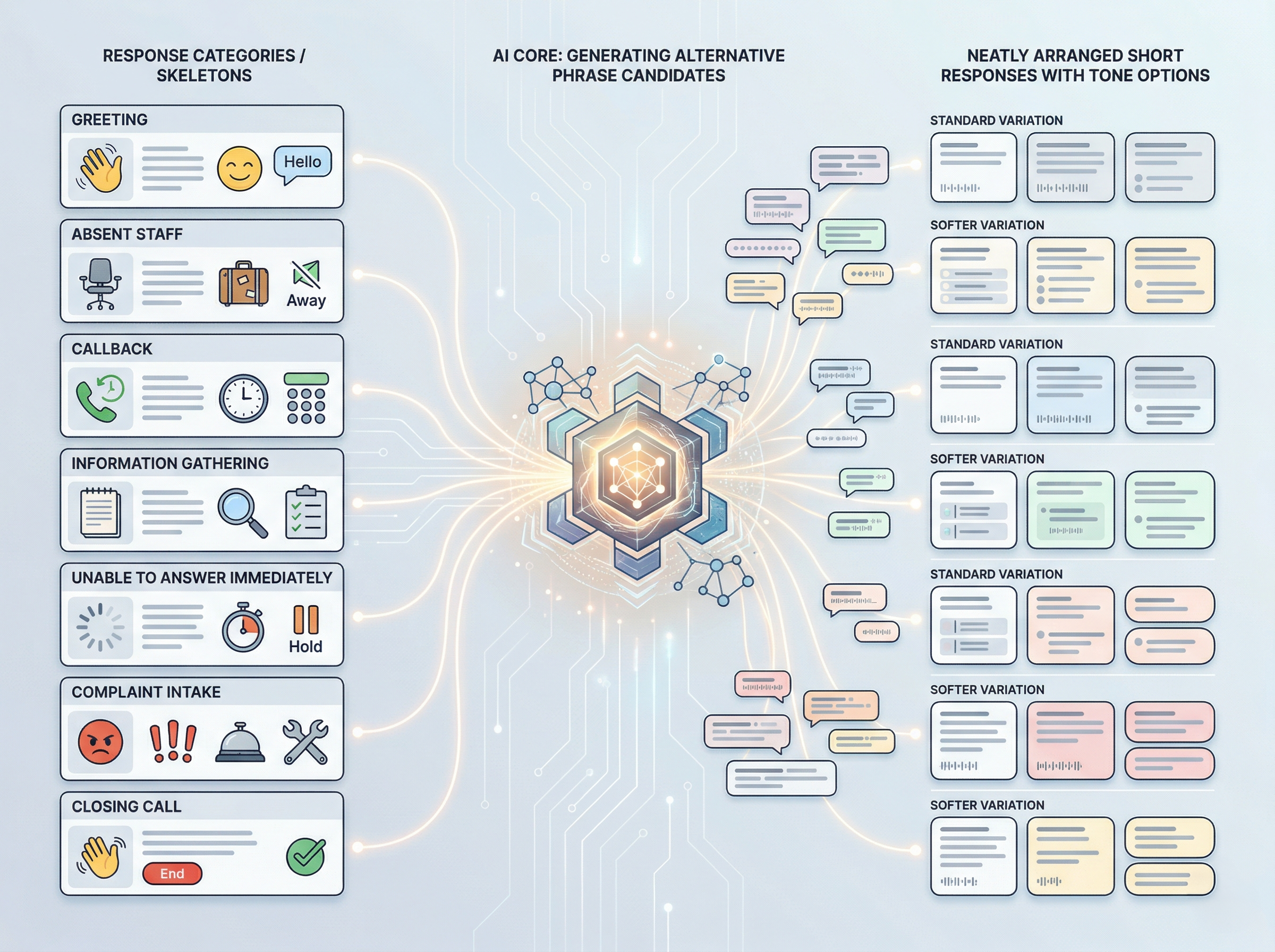 電話対応の定型文の骨子とAIによる言い換え候補を整理するイメージ