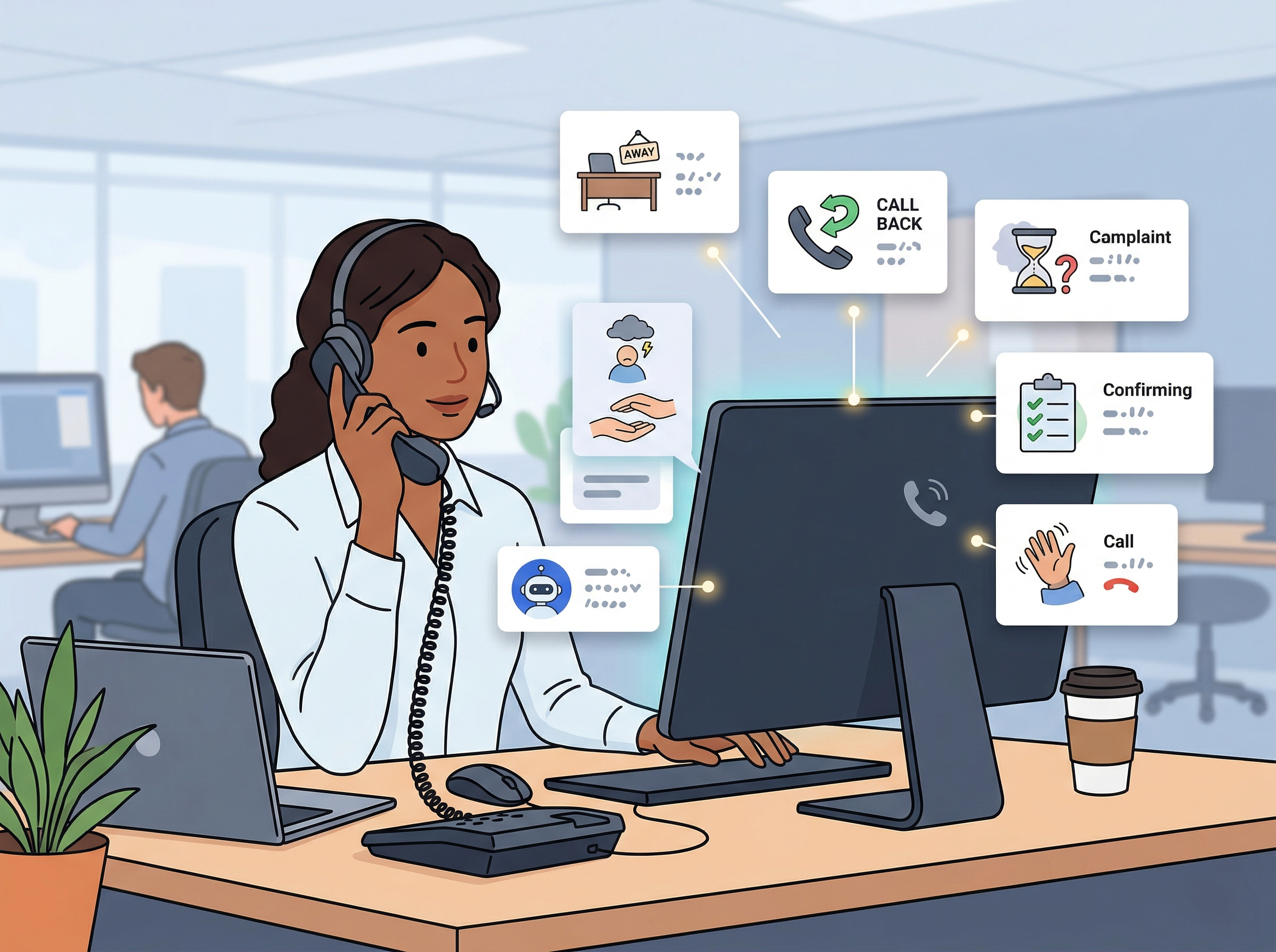 担当不在や折り返し案内など現場ですぐ使える短い電話対応例文をAIが支援するイメージ