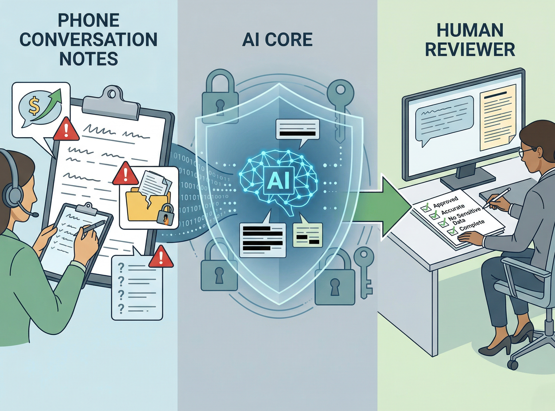 言い過ぎや伝達漏れや個人情報の扱いに注意しながら電話対応をAI補助するイメージ