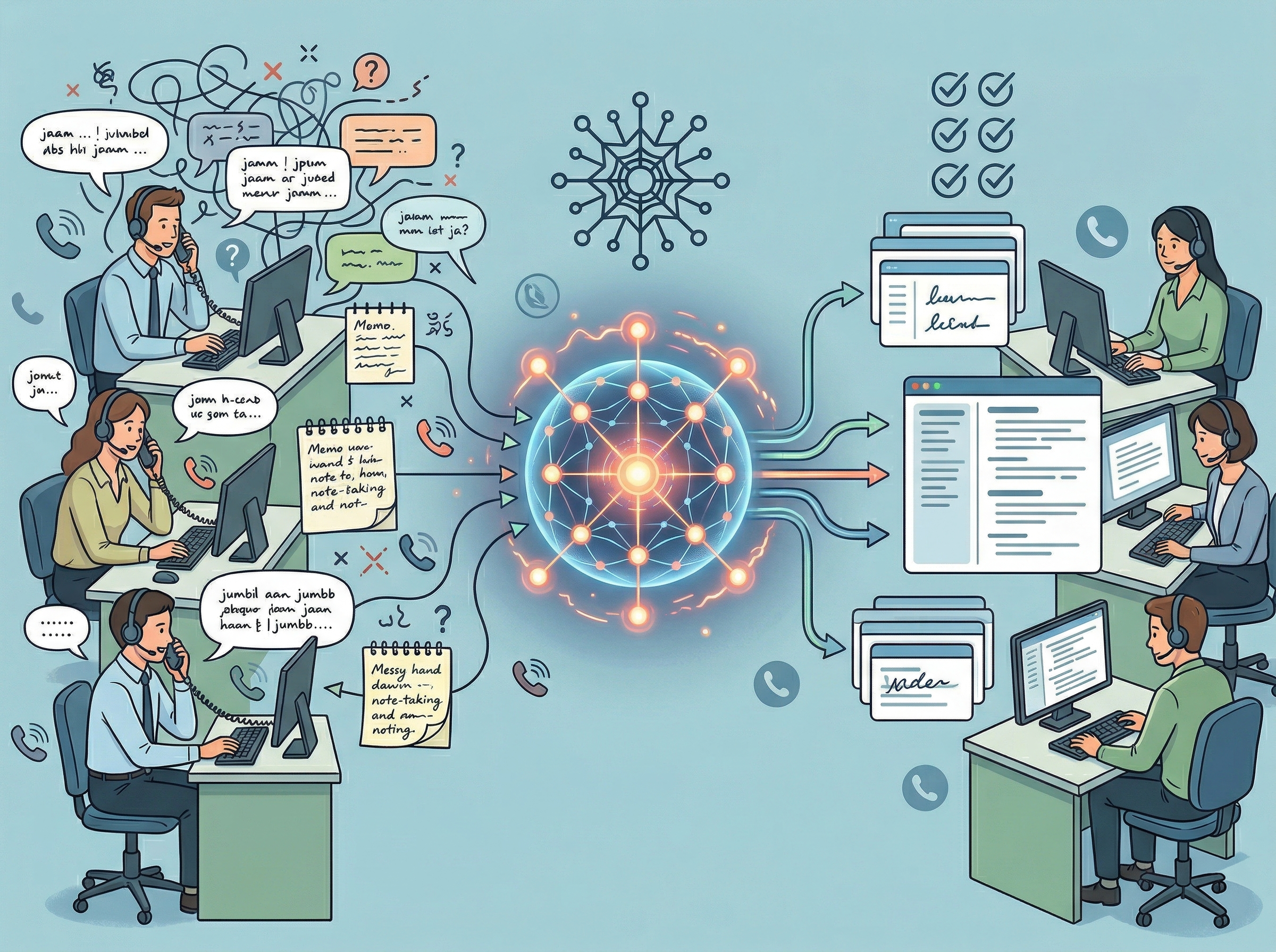 電話対応の受け答えをAIが整理し担当者ごとのばらつきを減らすイメージ