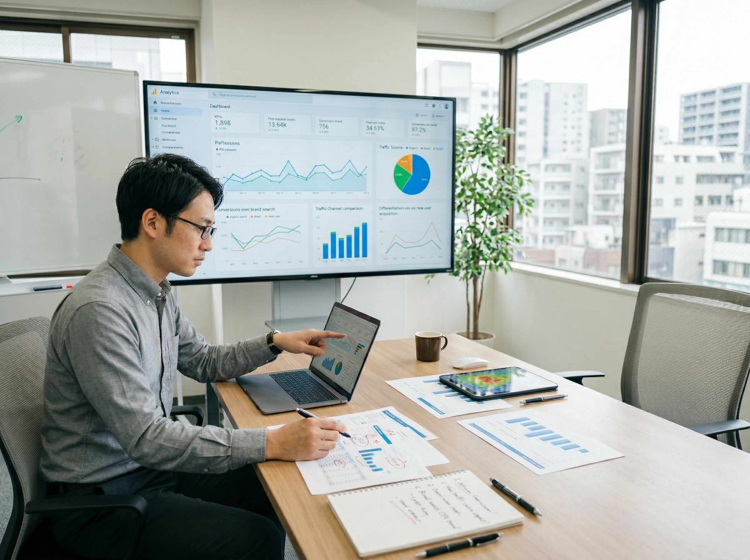 流入の違いや主要指標を見比べながら経営向けに整理する担当者