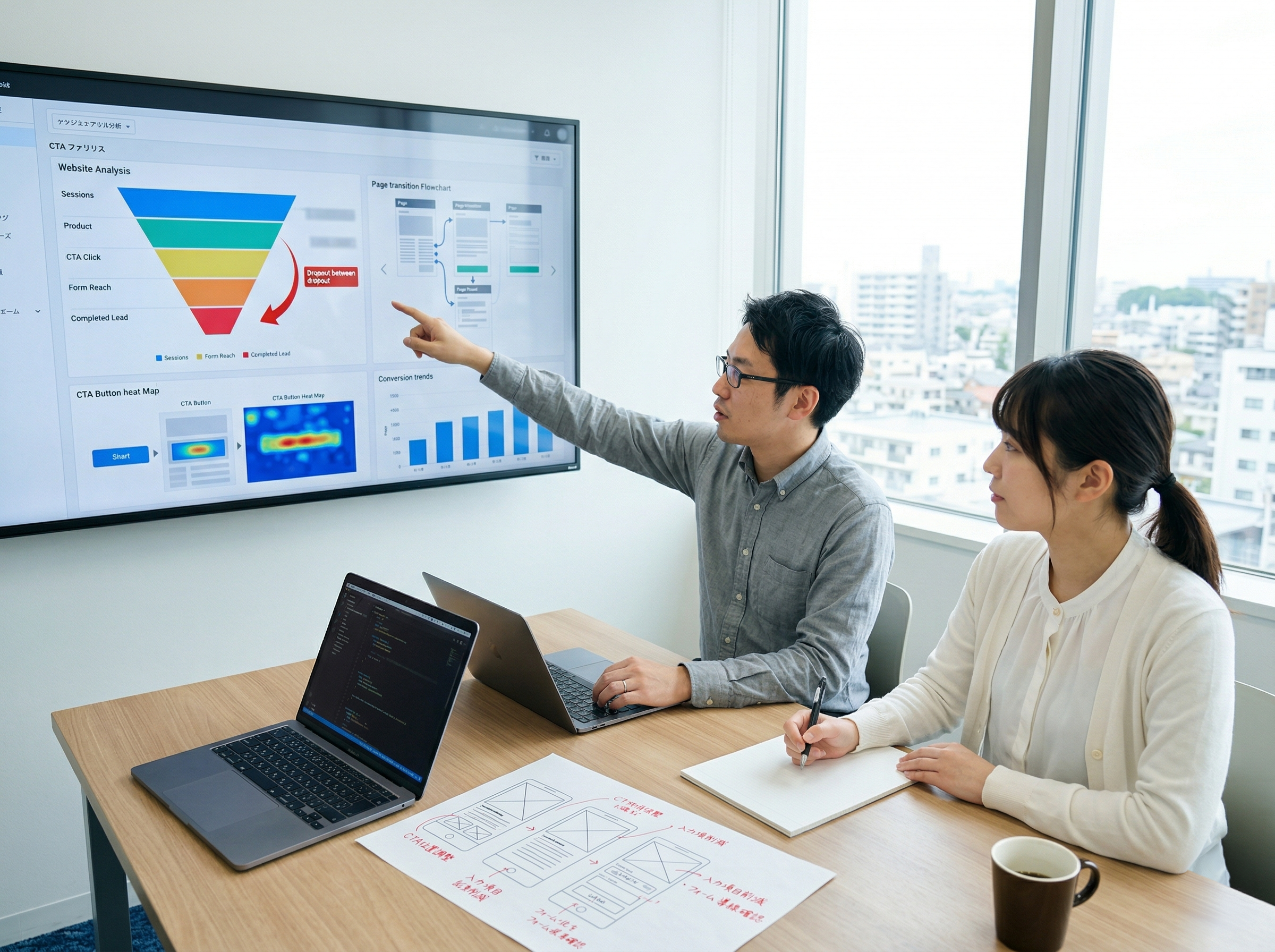 コンバージョンまでの流れを確認しながら改善点を話し合う場面