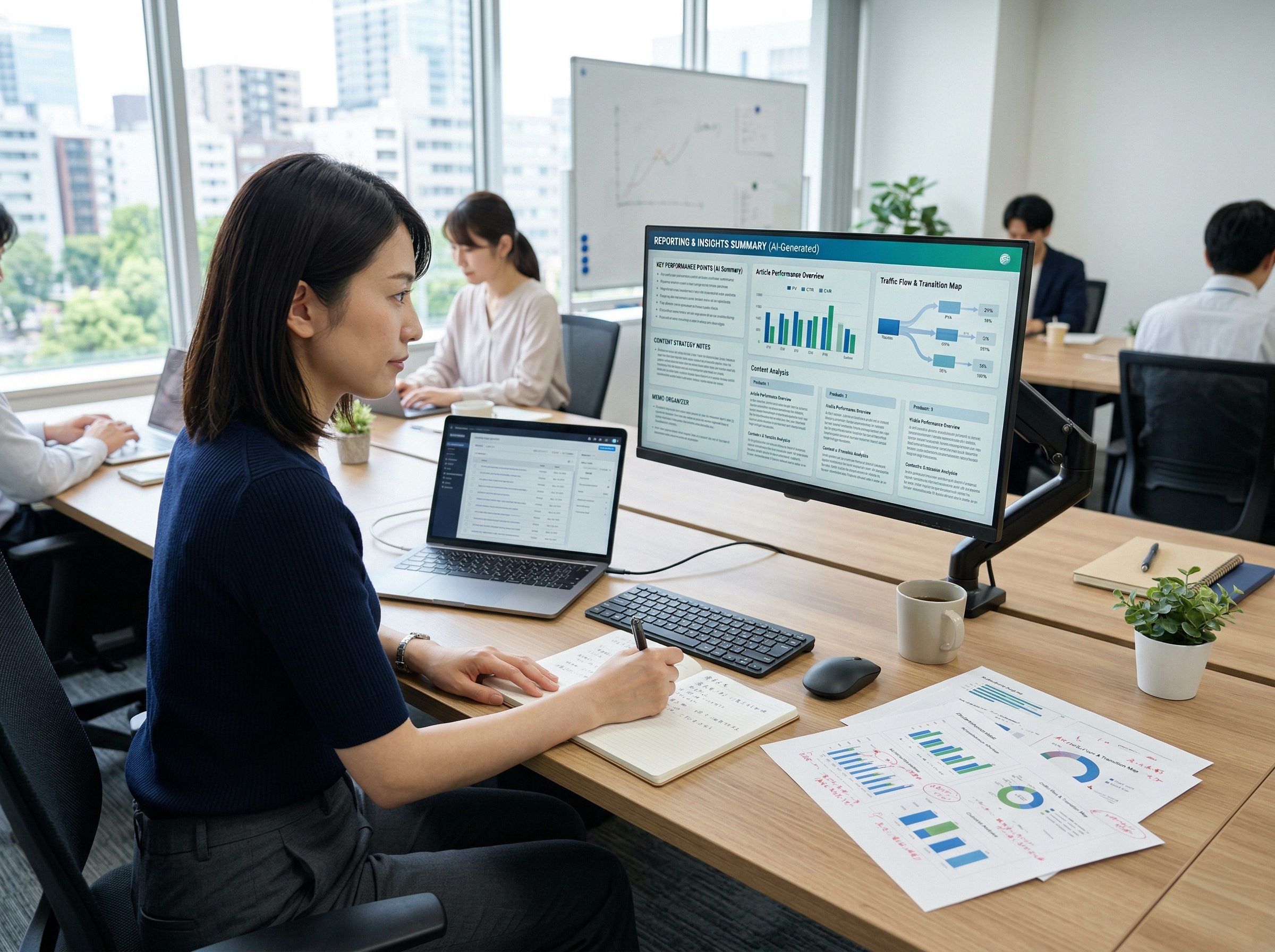 記事ごとの成果やレポート要約を確認しながら会議準備を進める担当者